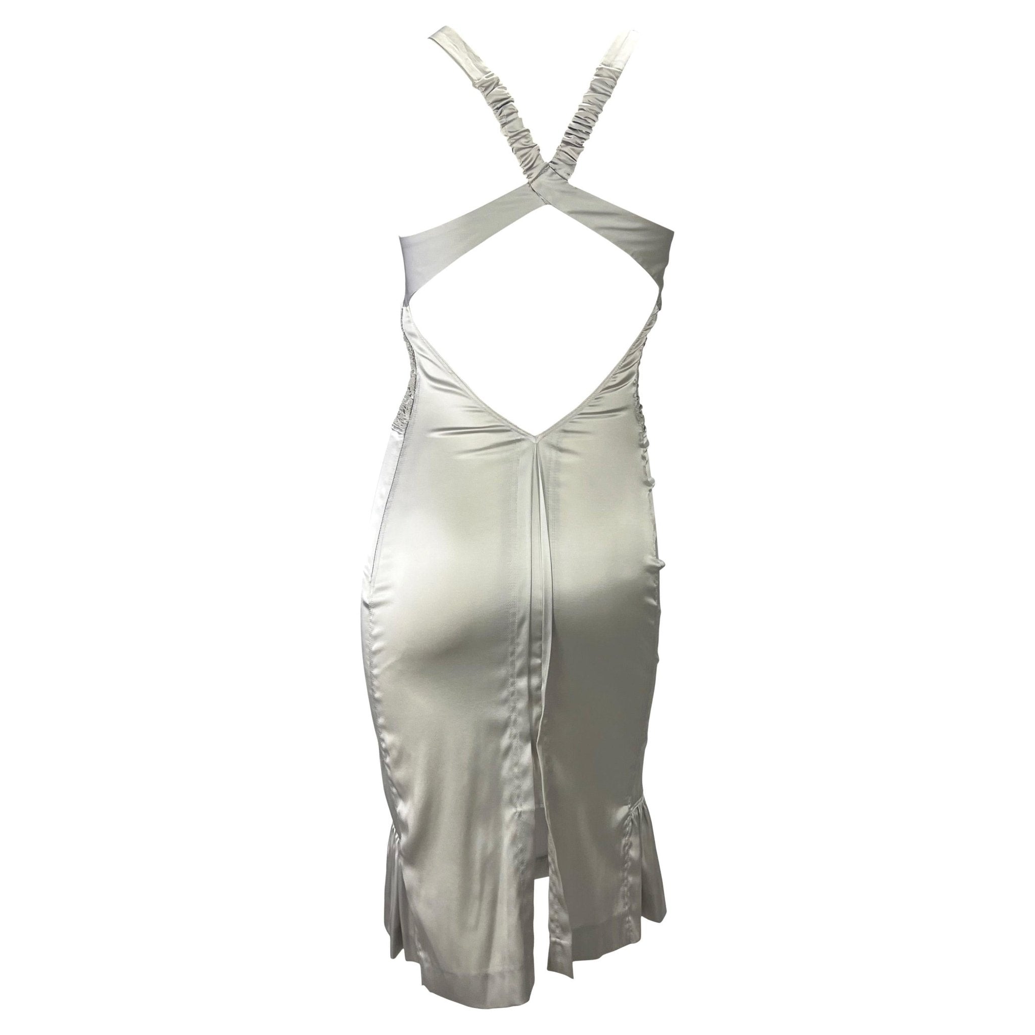 F/W 2004 Gucci by Tom Ford Backless Rhinestone Ruched Silver Silk Strap Dress - RealList