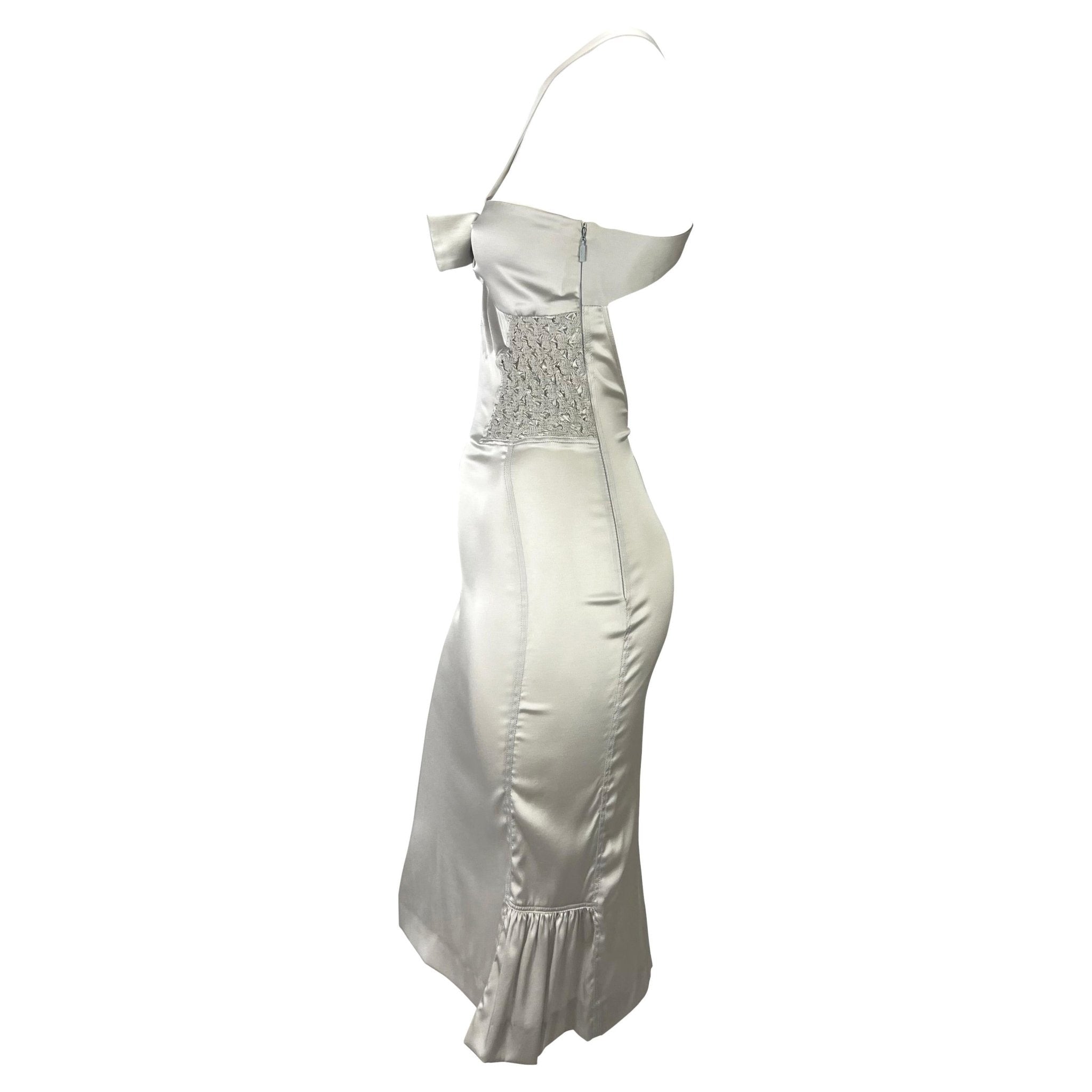 F/W 2004 Gucci by Tom Ford Backless Rhinestone Ruched Silver Silk Strap Dress - RealList