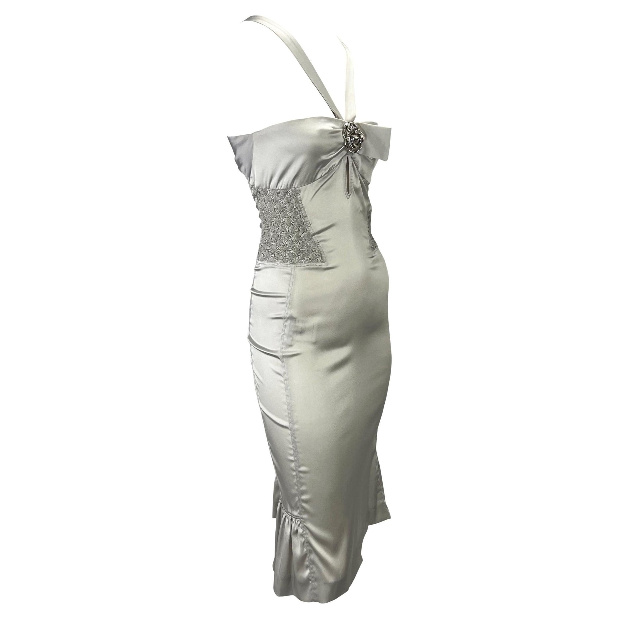 F/W 2004 Gucci by Tom Ford Backless Rhinestone Ruched Silver Silk Strap Dress - RealList