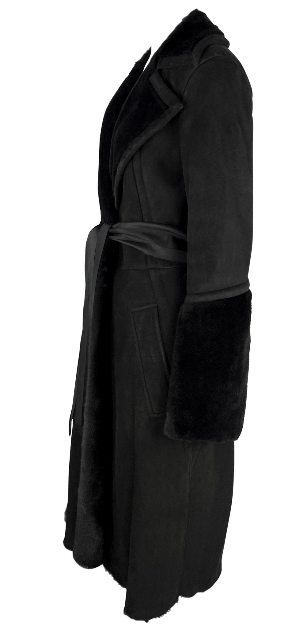 F/W 2004 Gucci by Tom Ford Black Shearling Suede Ribbon Belted Coat - RealList