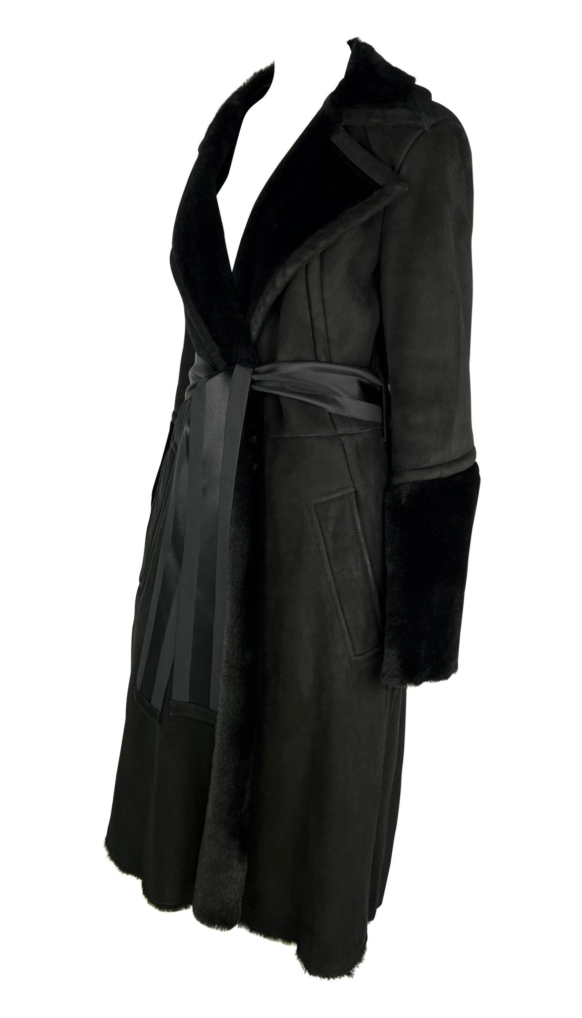 F/W 2004 Gucci by Tom Ford Black Shearling Suede Ribbon Belted Coat - RealList
