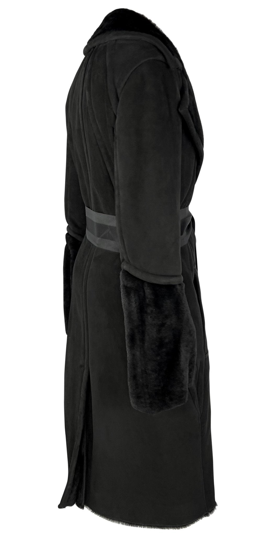 F/W 2004 Gucci by Tom Ford Black Shearling Suede Ribbon Belted Coat - RealList