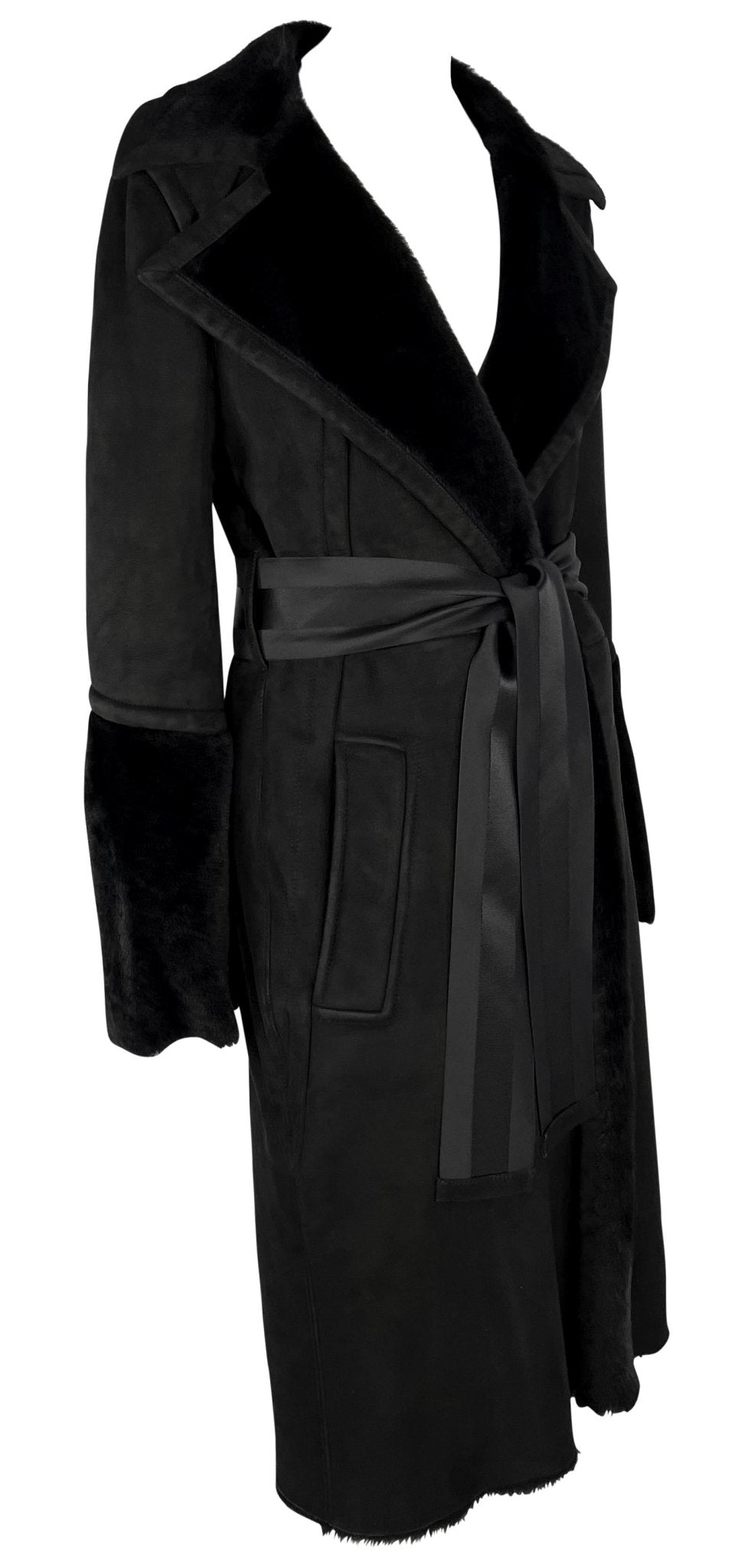 F/W 2004 Gucci by Tom Ford Black Shearling Suede Ribbon Belted Coat - RealList