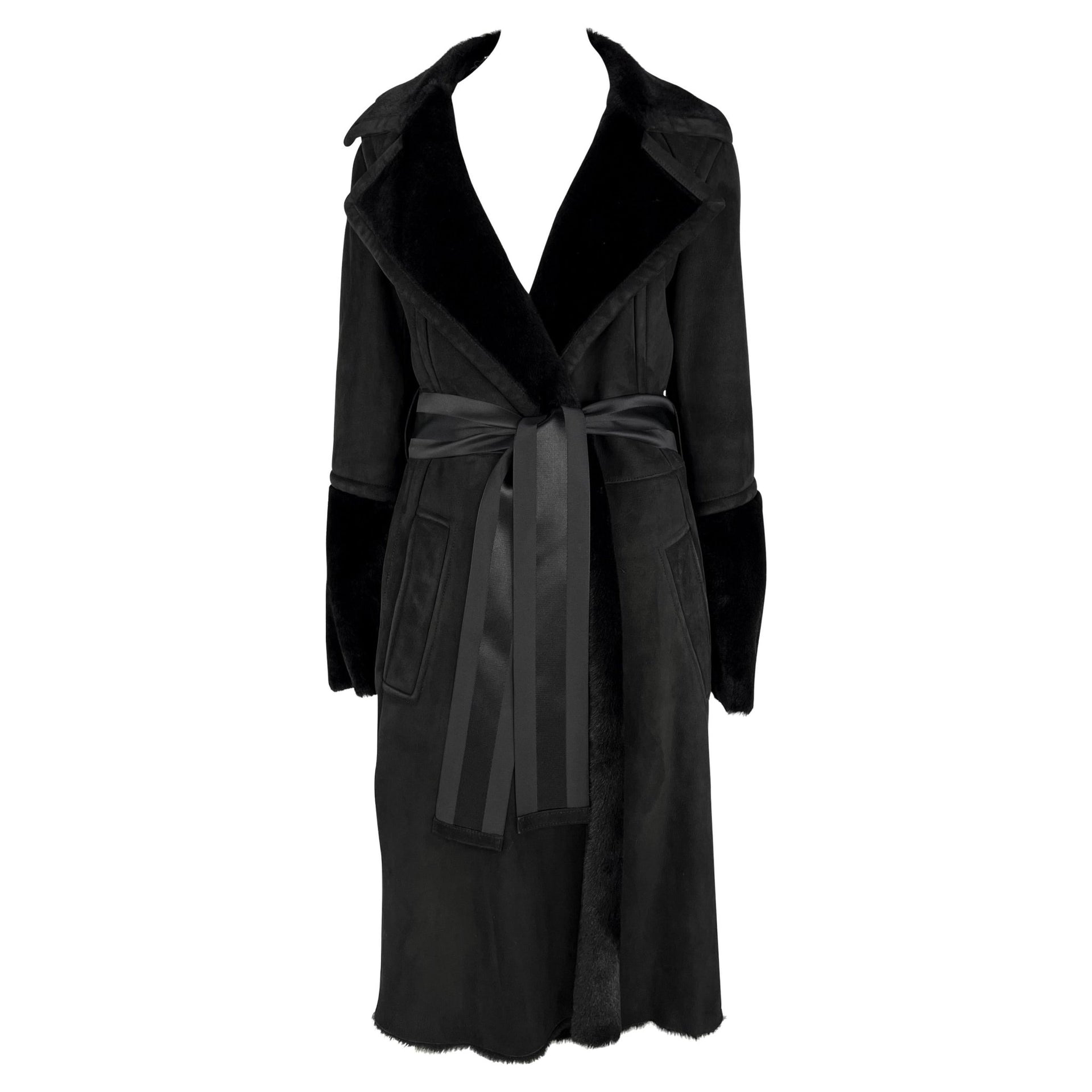 F/W 2004 Gucci by Tom Ford Black Shearling Suede Ribbon Belted Coat - RealList