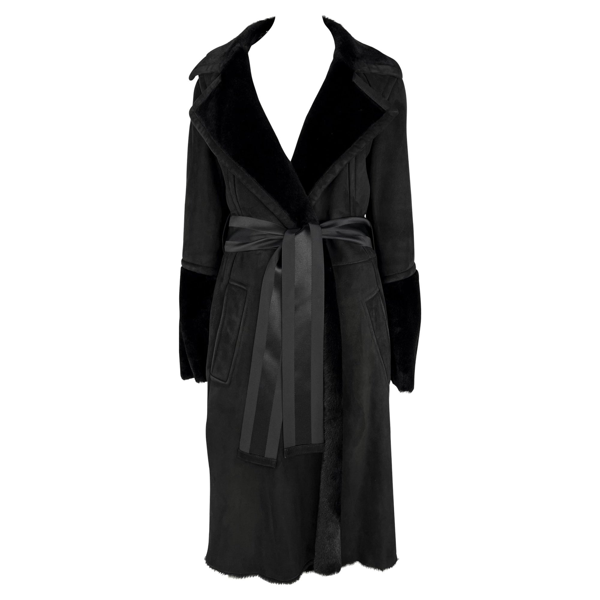 F/W 2004 Gucci by Tom Ford Black Shearling Suede Ribbon Belted Coat - RealList