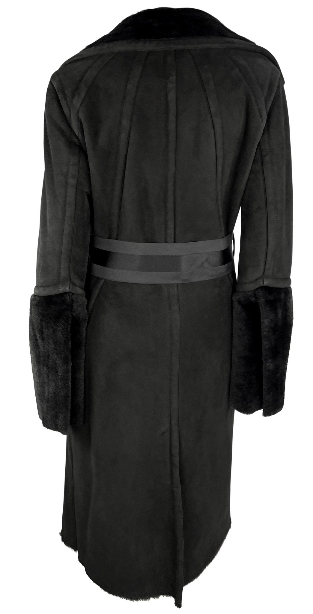 F/W 2004 Gucci by Tom Ford Black Shearling Suede Ribbon Belted Coat - RealList