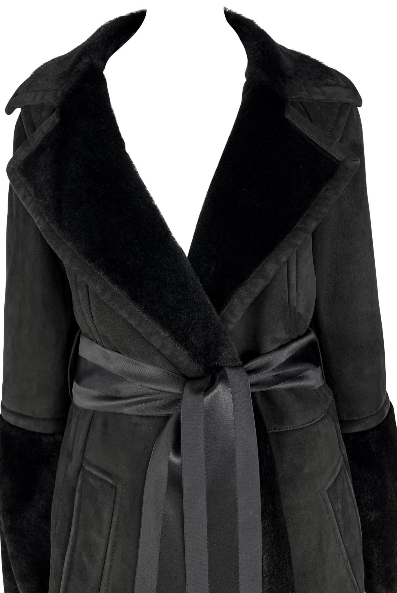 F/W 2004 Gucci by Tom Ford Black Shearling Suede Ribbon Belted Coat - RealList