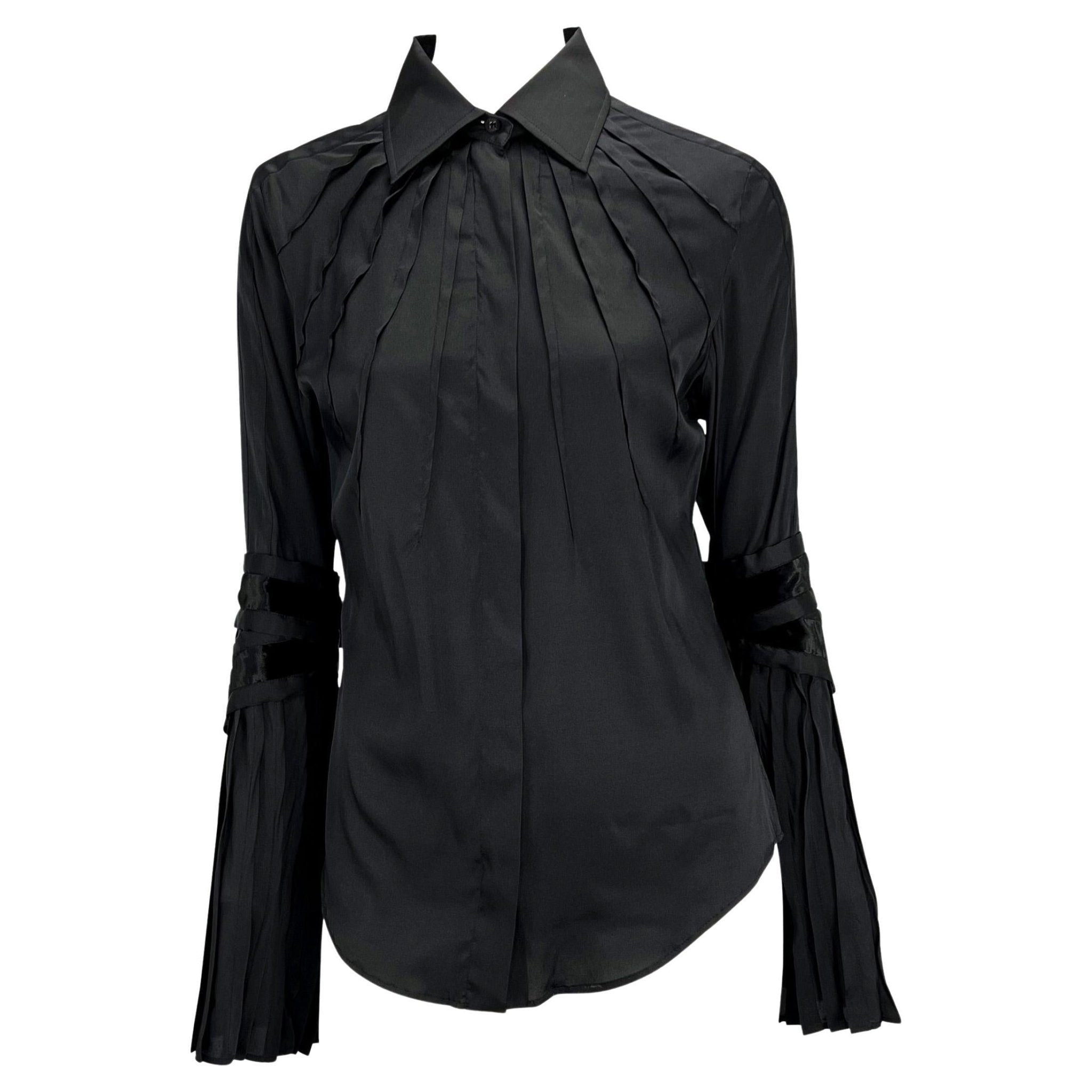 F/W 2004 Gucci by Tom Ford Finale Black Velvet Ribbon Pleated Button Up Top - RealList