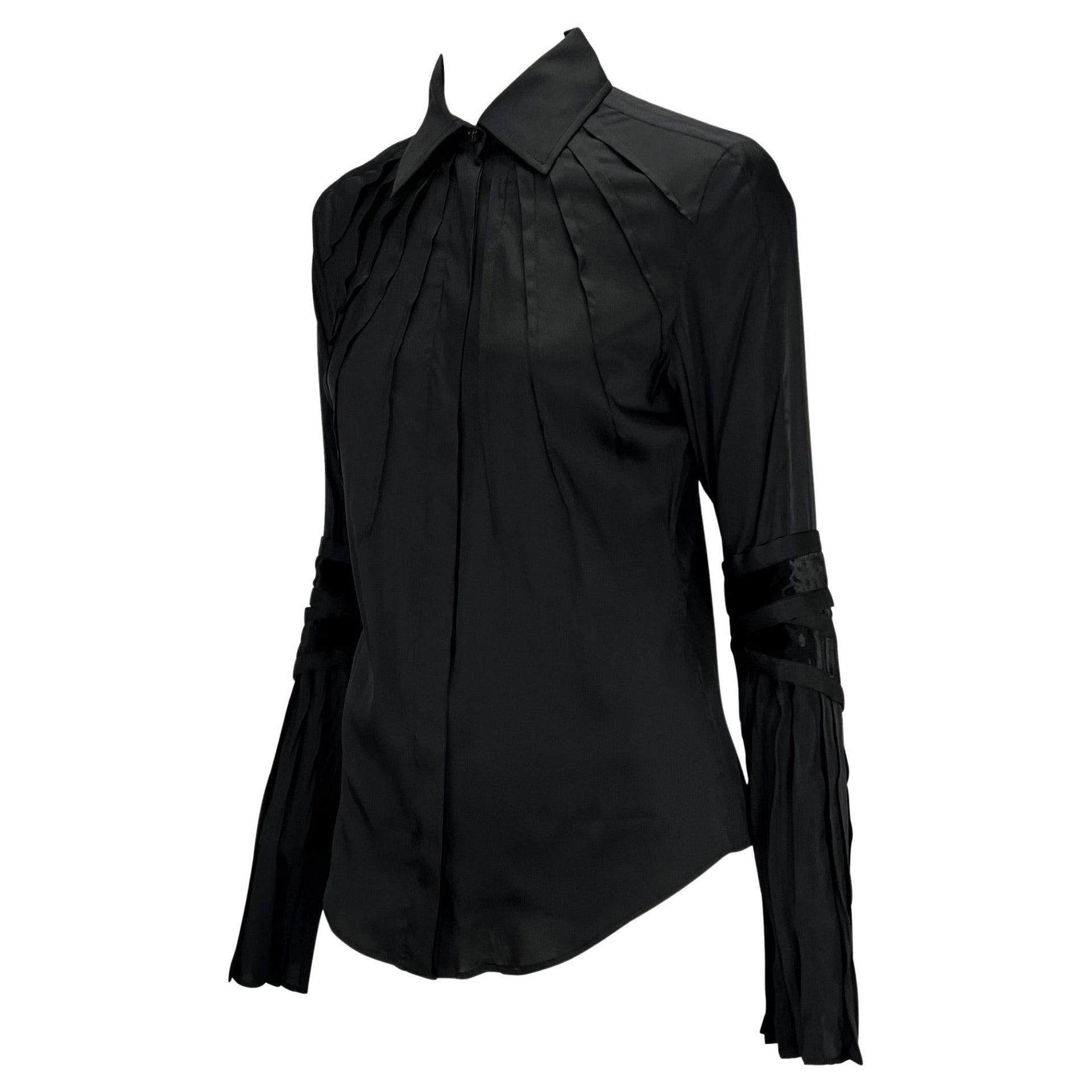 F/W 2004 Gucci by Tom Ford Finale Black Velvet Ribbon Pleated Button Up Top - RealList