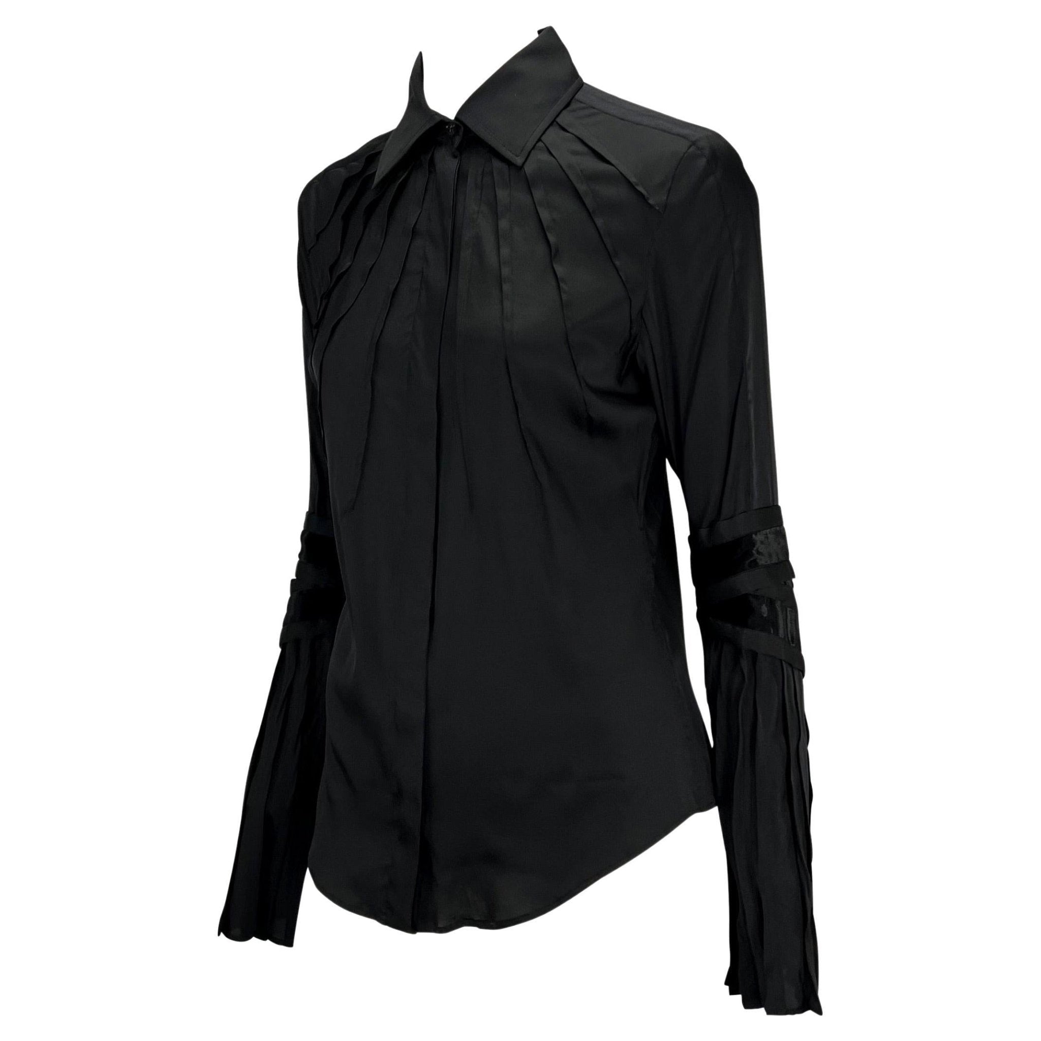 F/W 2004 Gucci by Tom Ford Finale Black Velvet Ribbon Pleated Button Up Top - RealList