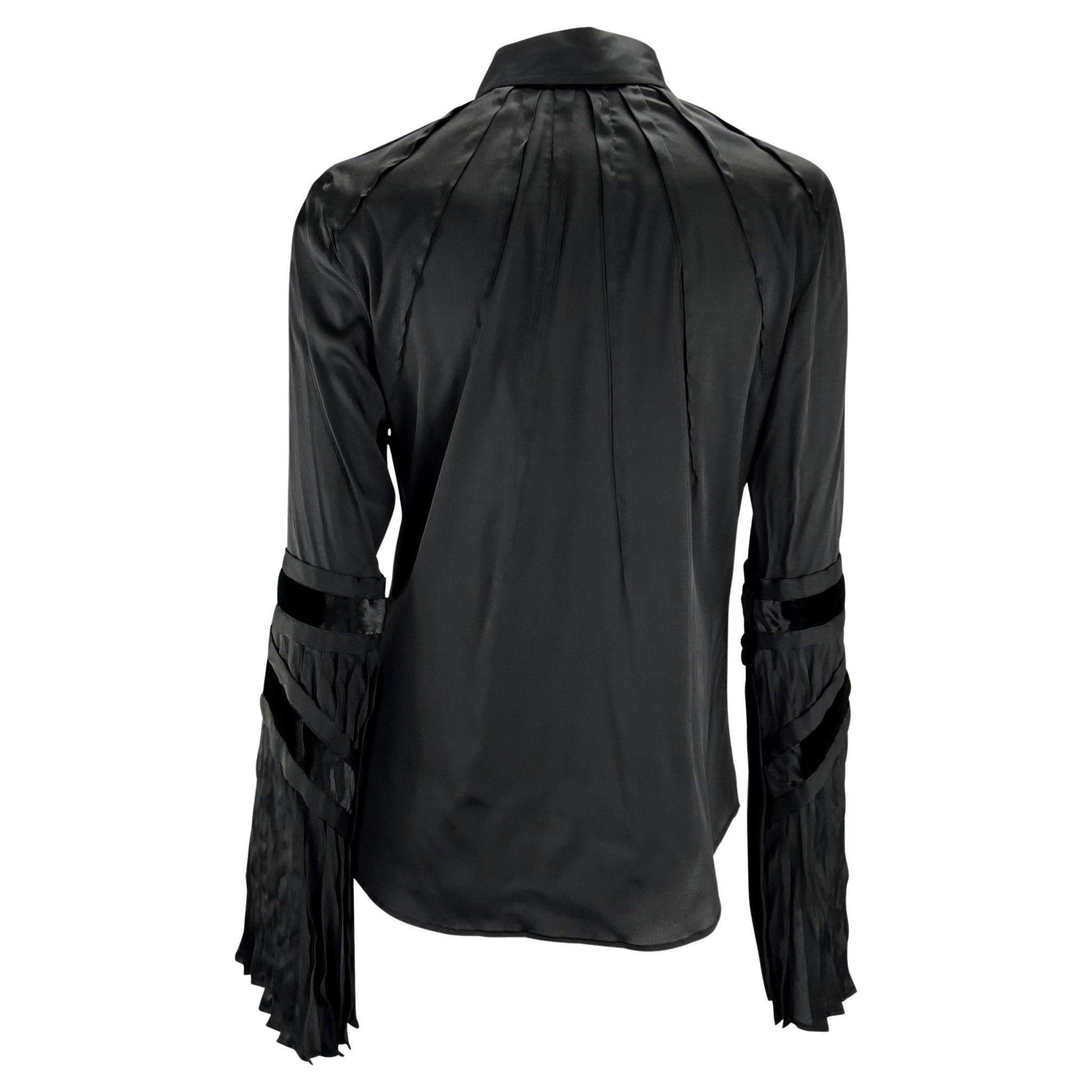 F/W 2004 Gucci by Tom Ford Finale Black Velvet Ribbon Pleated Button Up Top - RealList