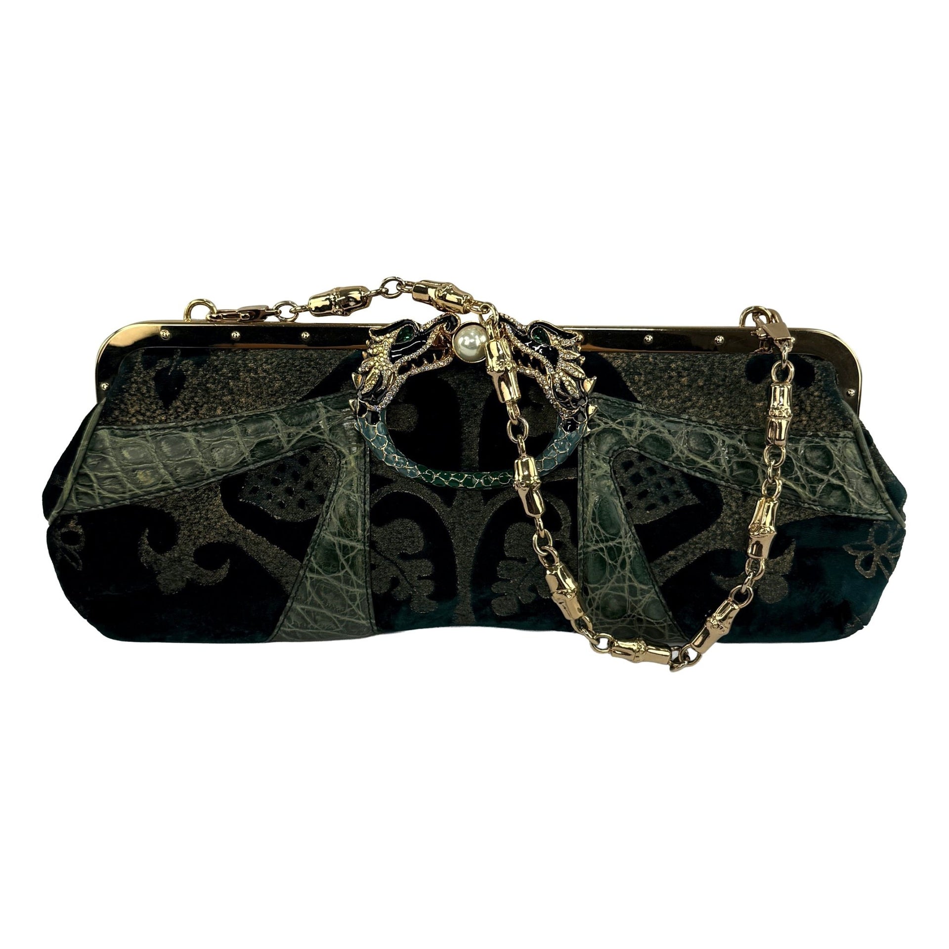 F/W 2004 Gucci by Tom Ford Genuine Alligator Trim Green Velvet Dragon Shoulder Bag - RealList