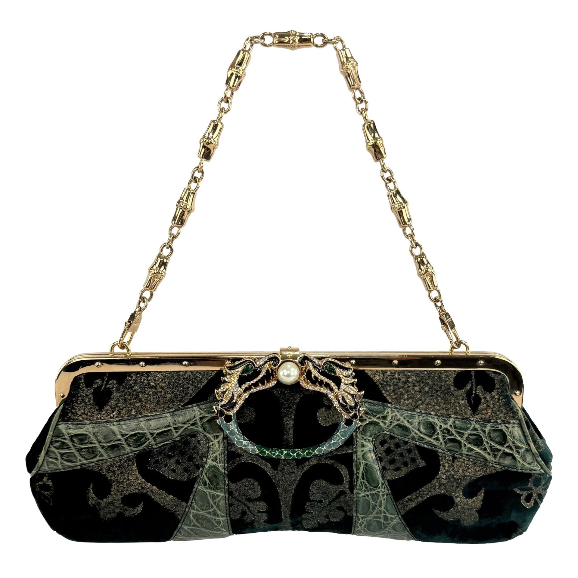 F/W 2004 Gucci by Tom Ford Genuine Alligator Trim Green Velvet Dragon Shoulder Bag - RealList
