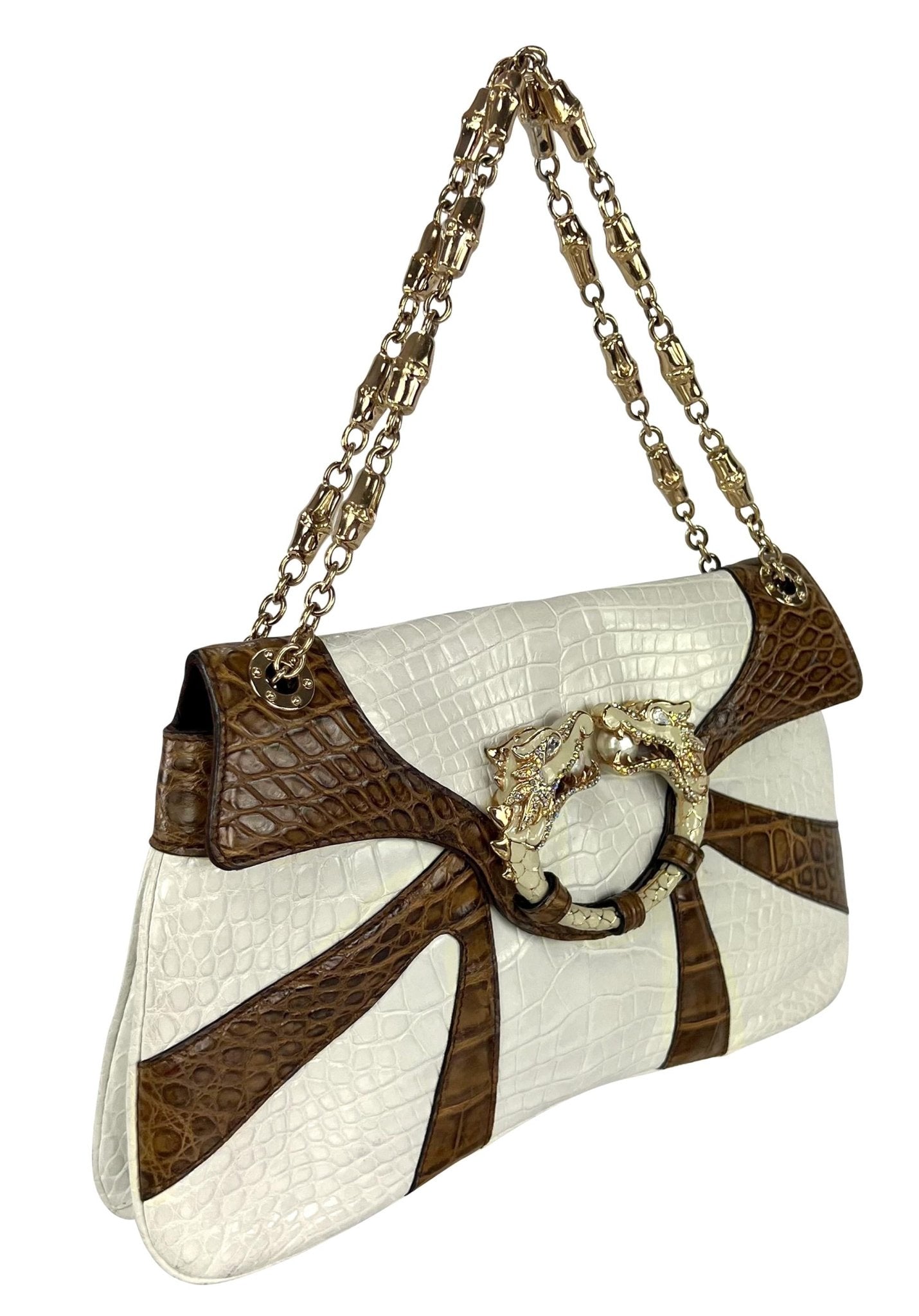 F/W 2004 Gucci by Tom Ford Genuine Crocodile White Two - Tone Dragon Shoulder Bag - RealList