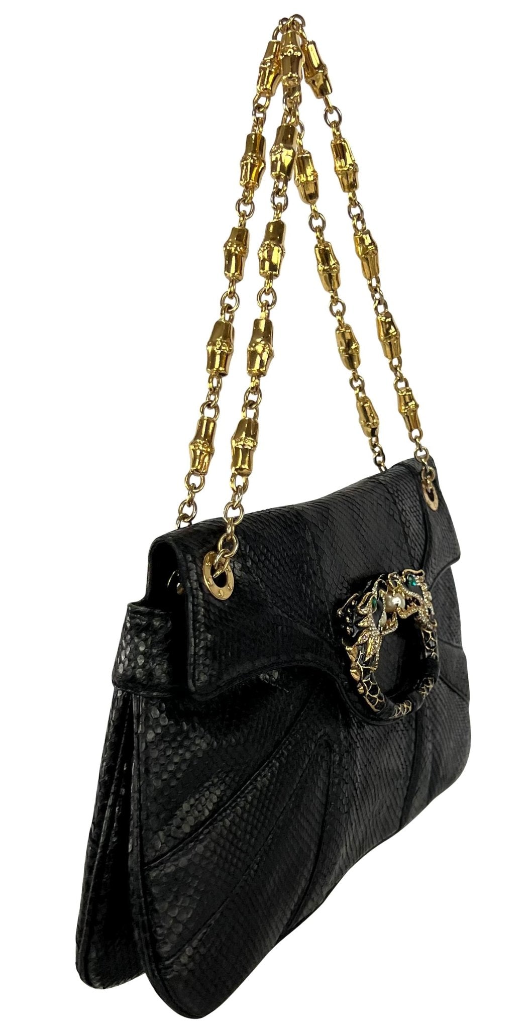 F/W 2004 Gucci by Tom Ford Genuine Python Rhinestone Dragon Black Flap Bag - RealList