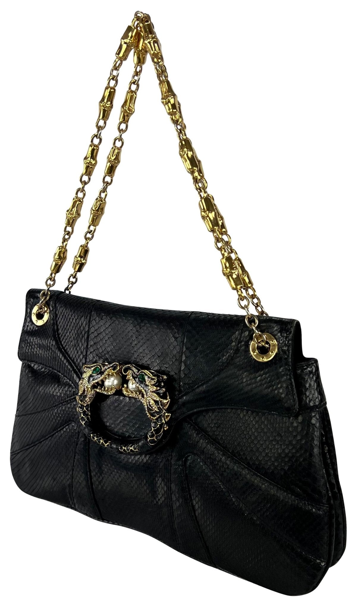 F/W 2004 Gucci by Tom Ford Genuine Python Rhinestone Dragon Black Flap Bag - RealList