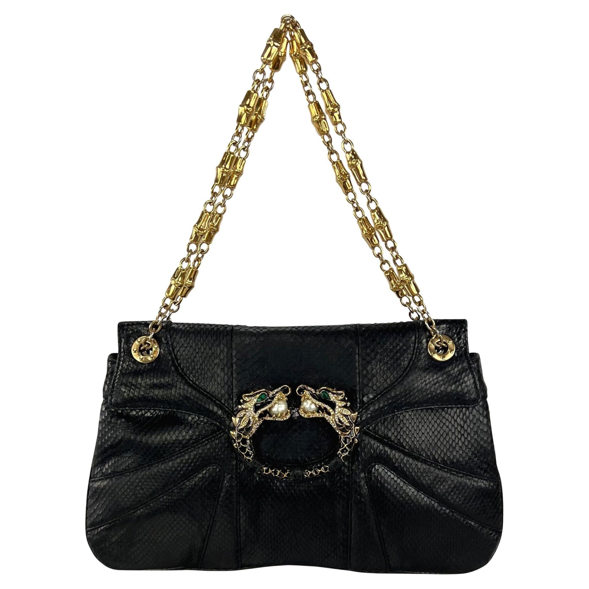F/W 2004 Gucci by Tom Ford Genuine Python Rhinestone Dragon Black Flap Bag - RealList