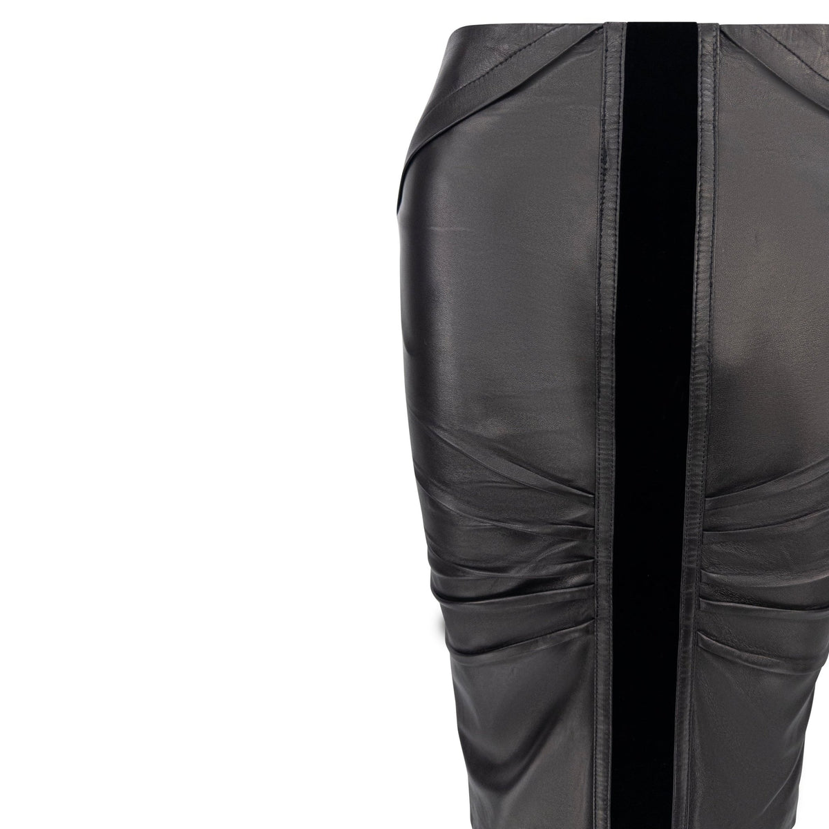 F/W 2004 Gucci by Tom Ford Pleated Black Leather Velvet Trim Pencil Skirt - RealList