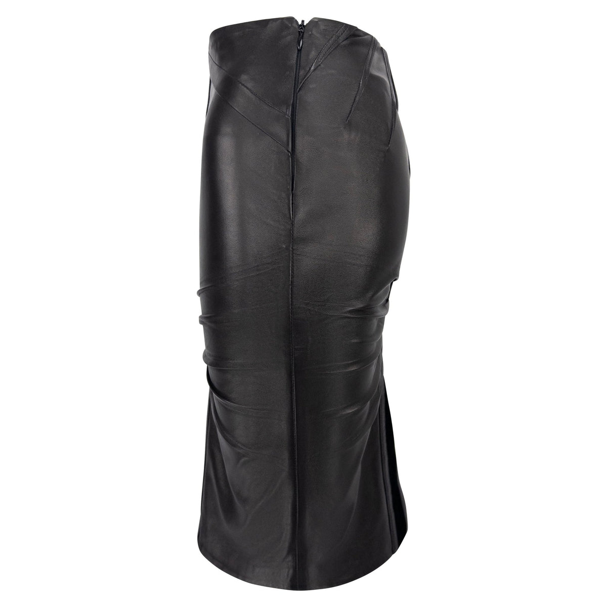 F/W 2004 Gucci by Tom Ford Pleated Black Leather Velvet Trim Pencil Skirt - RealList