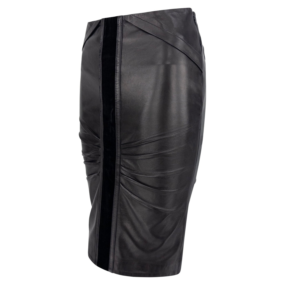 F/W 2004 Gucci by Tom Ford Pleated Black Leather Velvet Trim Pencil Skirt - RealList