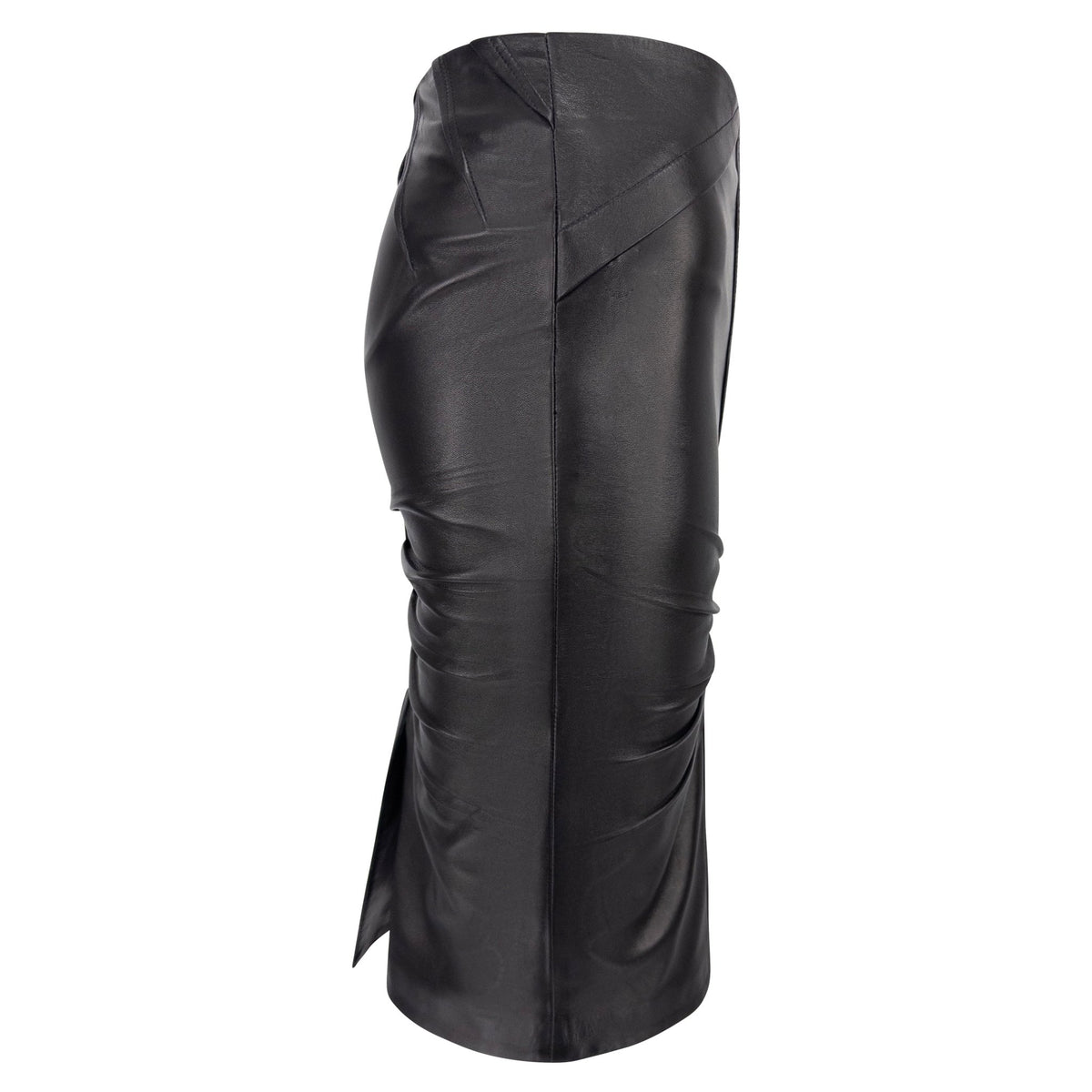 F/W 2004 Gucci by Tom Ford Pleated Black Leather Velvet Trim Pencil Skirt - RealList