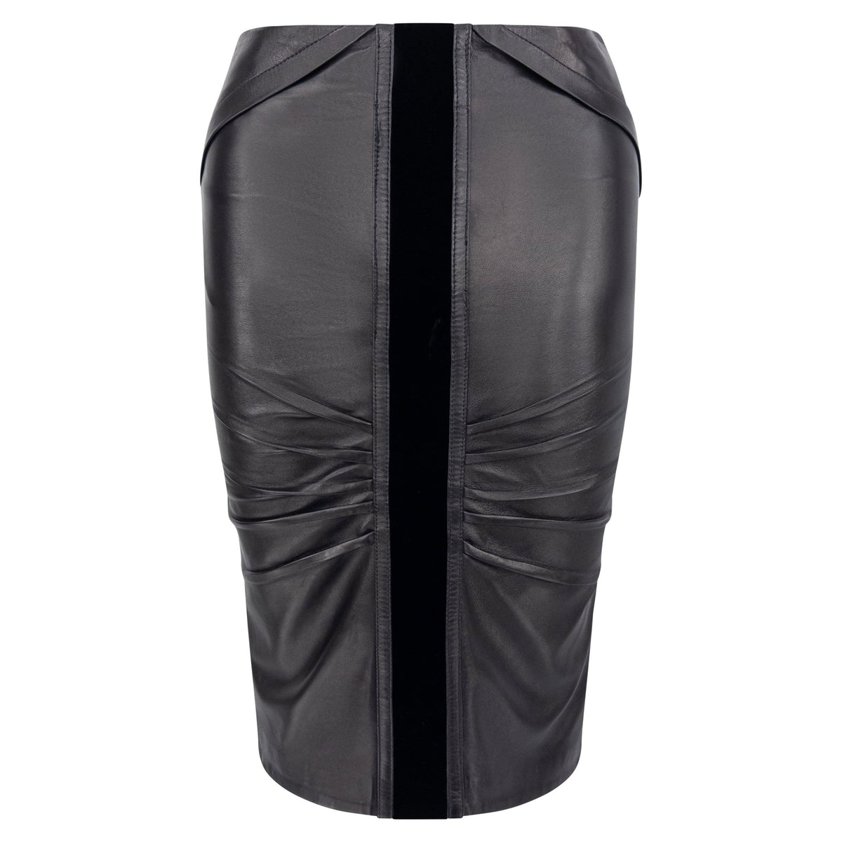 F/W 2004 Gucci by Tom Ford Pleated Black Leather Velvet Trim Pencil Skirt - RealList
