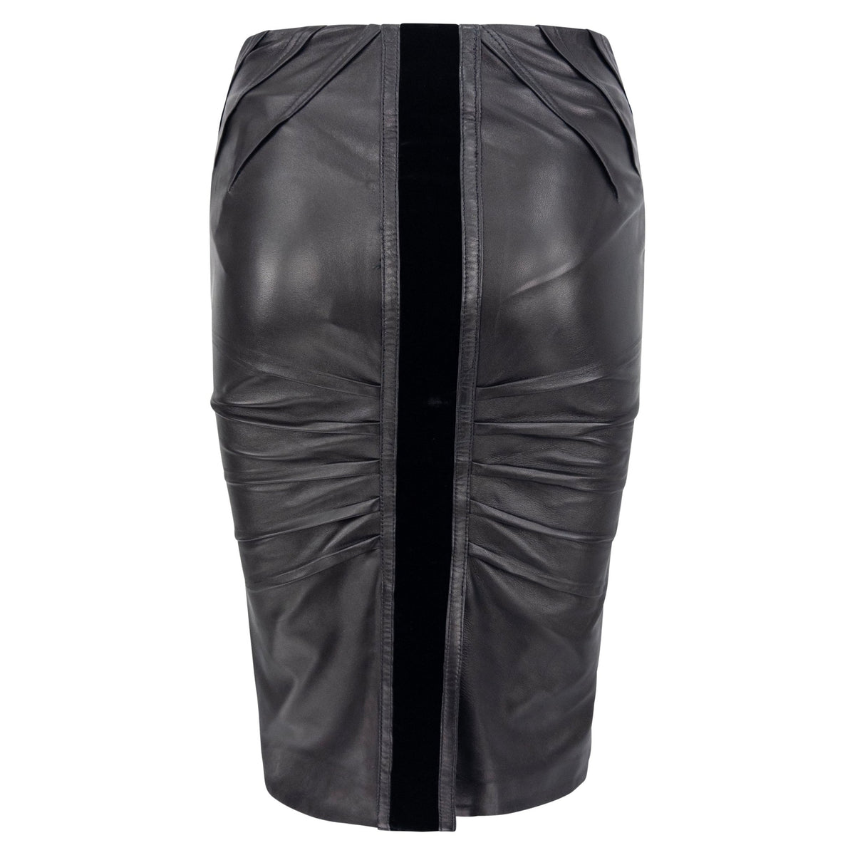 F/W 2004 Gucci by Tom Ford Pleated Black Leather Velvet Trim Pencil Skirt - RealList