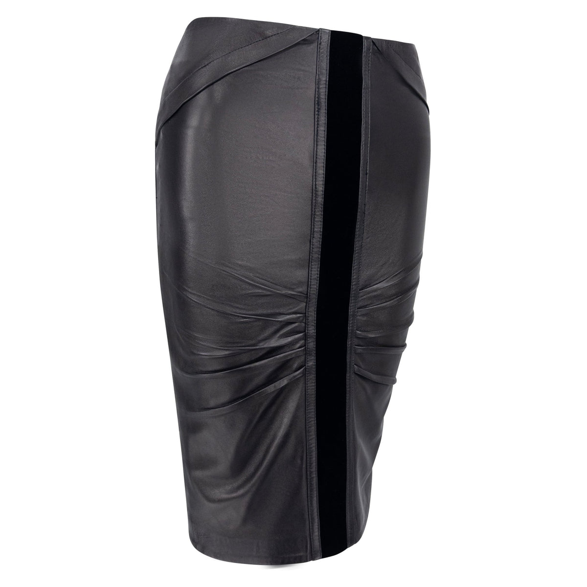 F/W 2004 Gucci by Tom Ford Pleated Black Leather Velvet Trim Pencil Skirt - RealList
