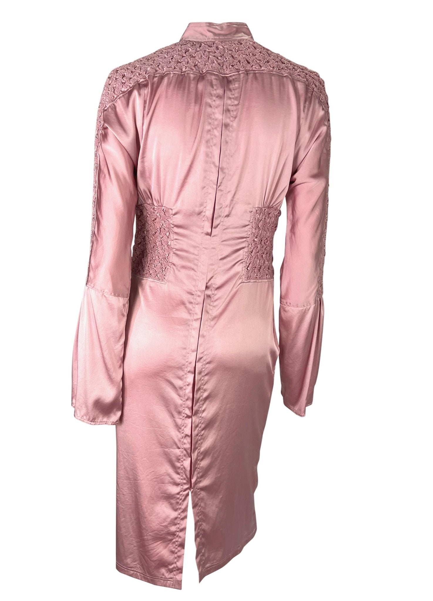 F/W 2004 Gucci by Tom Ford Ruched Pink Satin Rhinestone Brooch Dress - RealList