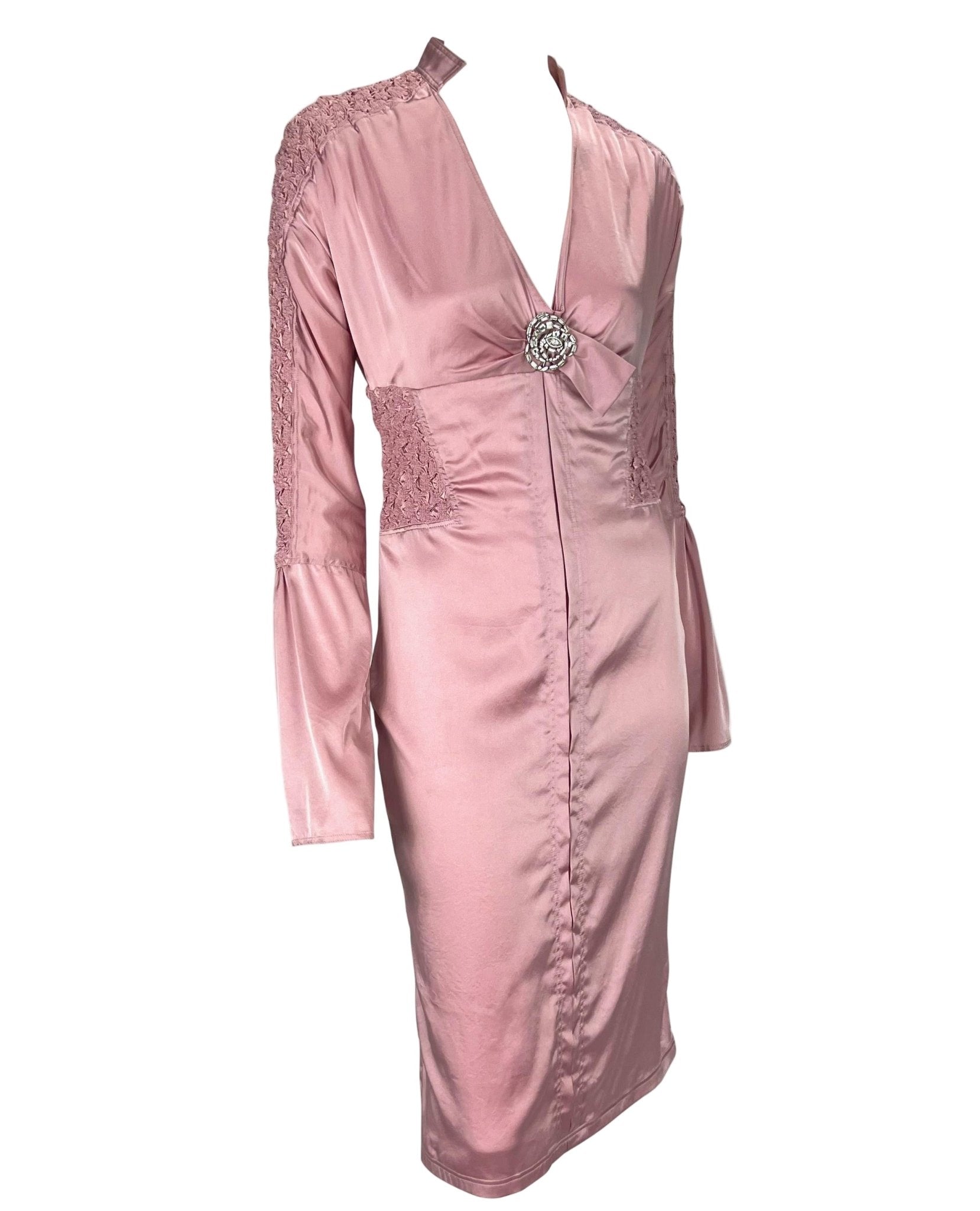 F/W 2004 Gucci by Tom Ford Ruched Pink Satin Rhinestone Brooch Dress - RealList