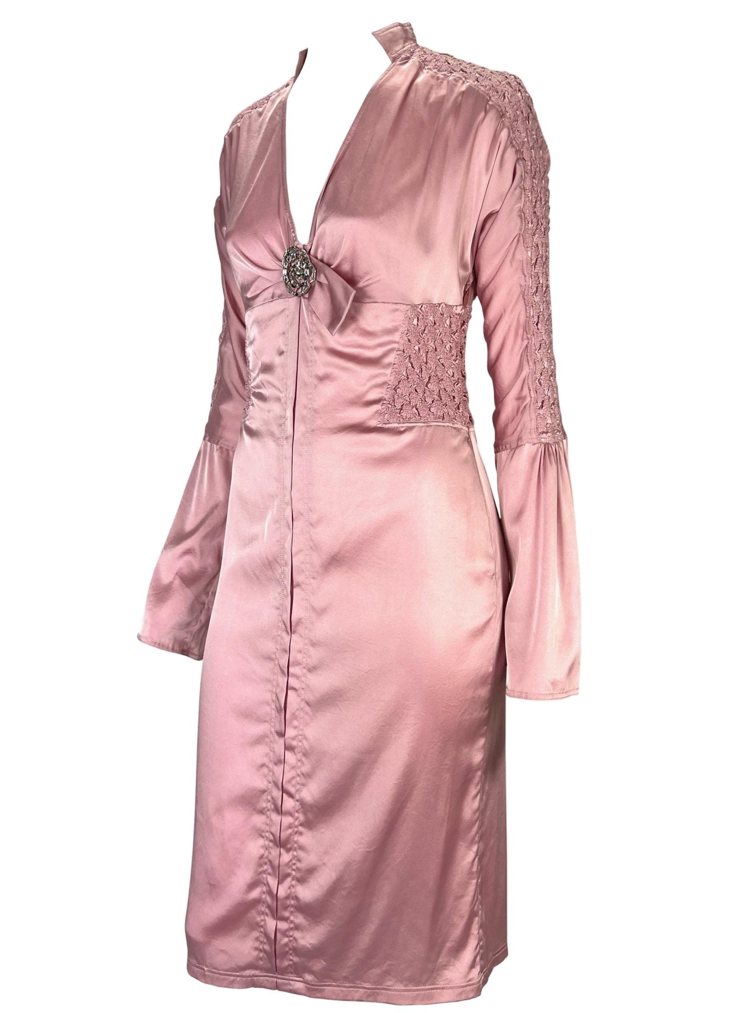 F/W 2004 Gucci by Tom Ford Ruched Pink Satin Rhinestone Brooch Dress - RealList