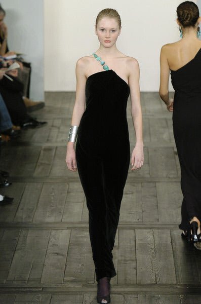 F/W 2004 Ralph Lauren Runway Turquoise Stone Jewelry Strap Black Velvet Gown - RealList