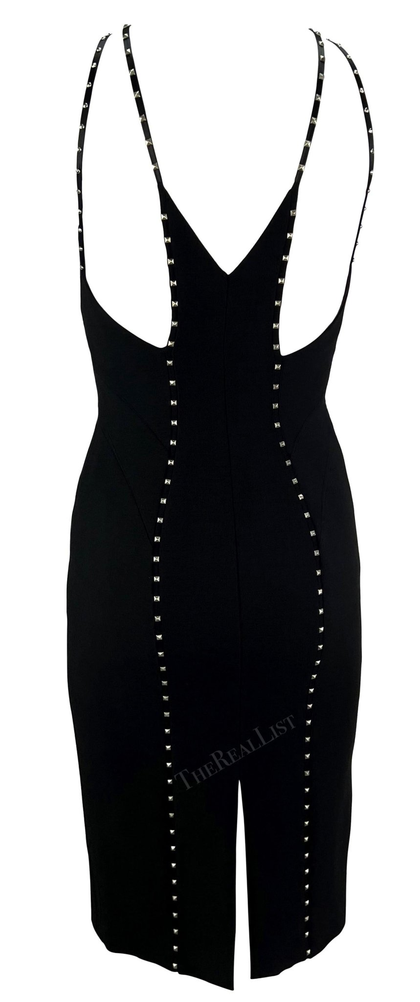 F/W 2004 Versace by Donatella Black Studded Plunging Runway Mini Dress - RealList
