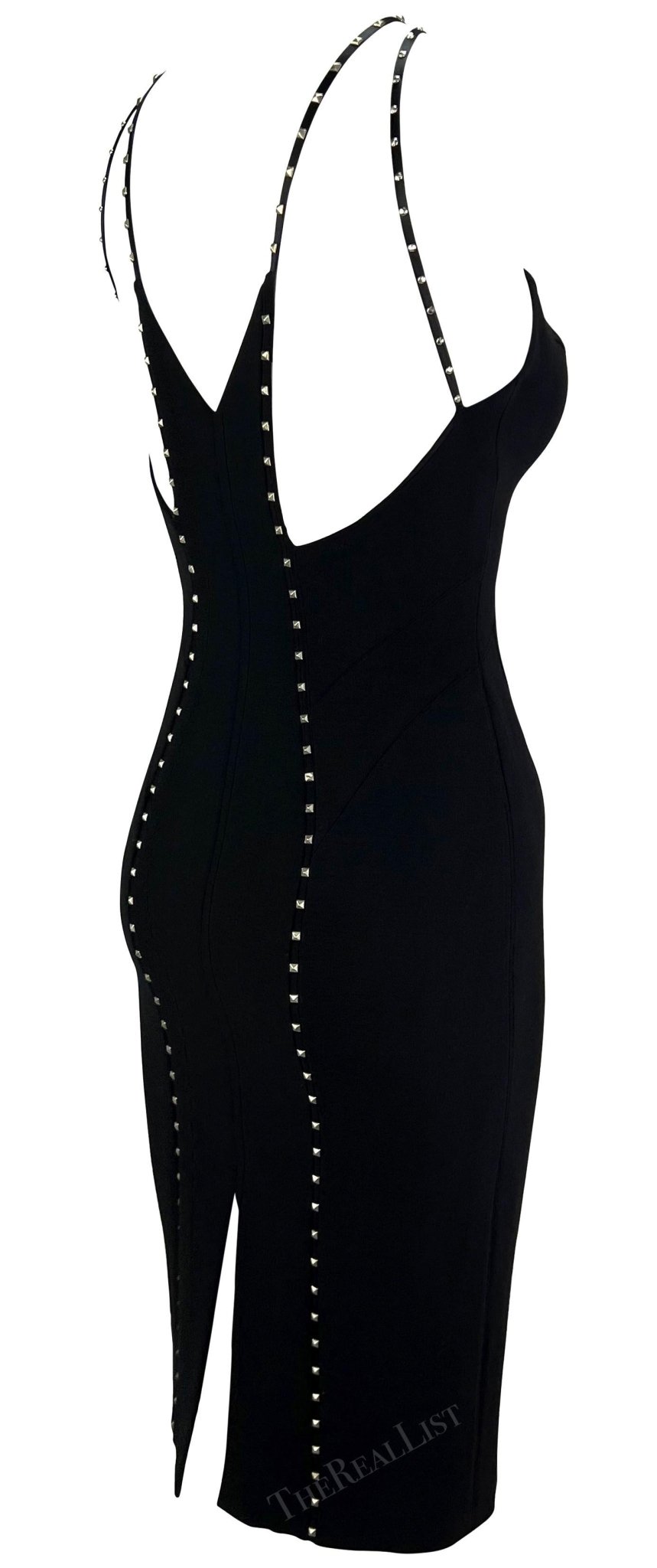 F/W 2004 Versace by Donatella Black Studded Plunging Runway Mini Dress - RealList