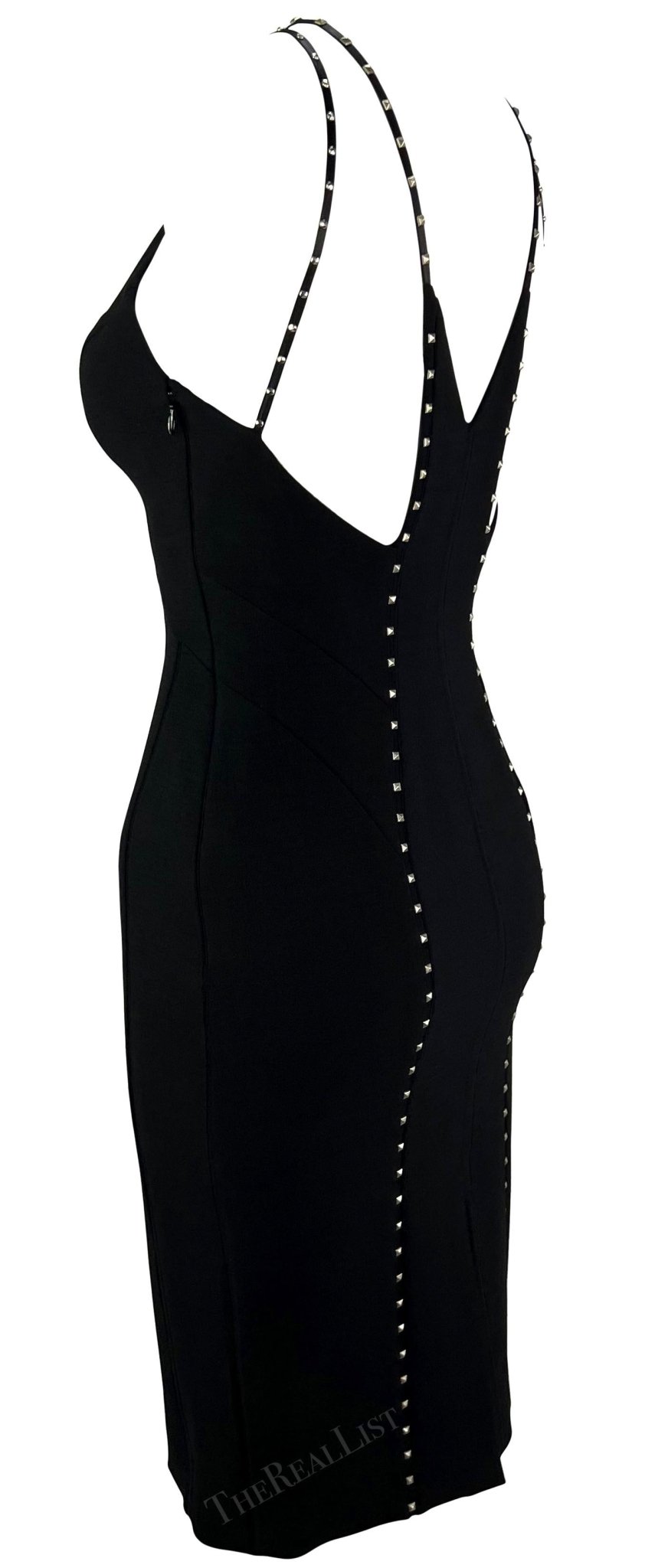 F/W 2004 Versace by Donatella Black Studded Plunging Runway Mini Dress - RealList