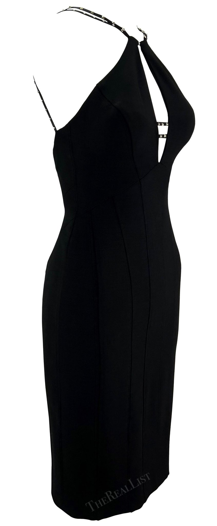 F/W 2004 Versace by Donatella Black Studded Plunging Runway Mini Dress - RealList