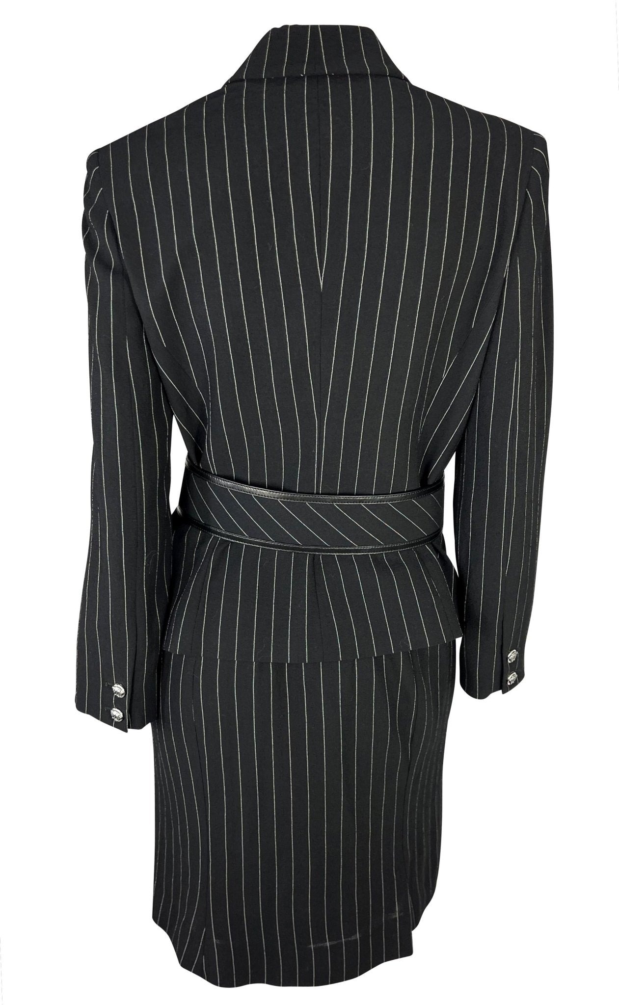F/W 2004 Versace by Donatella Black Wool Blend Pinstripe Medusa Belted Suit - RealList