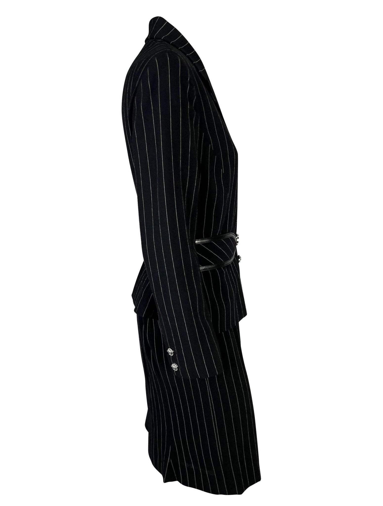 F/W 2004 Versace by Donatella Black Wool Blend Pinstripe Medusa Belted Suit - RealList