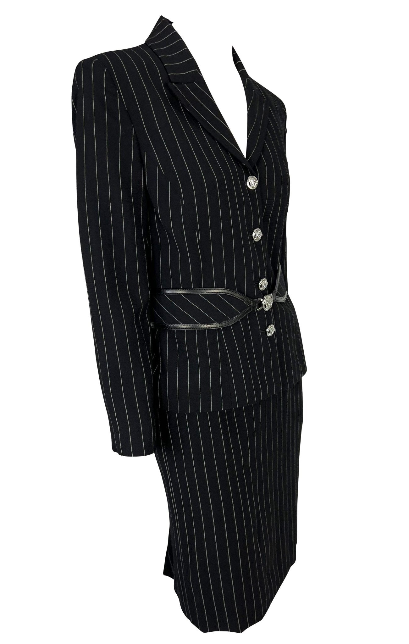 F/W 2004 Versace by Donatella Black Wool Blend Pinstripe Medusa Belted Suit - RealList