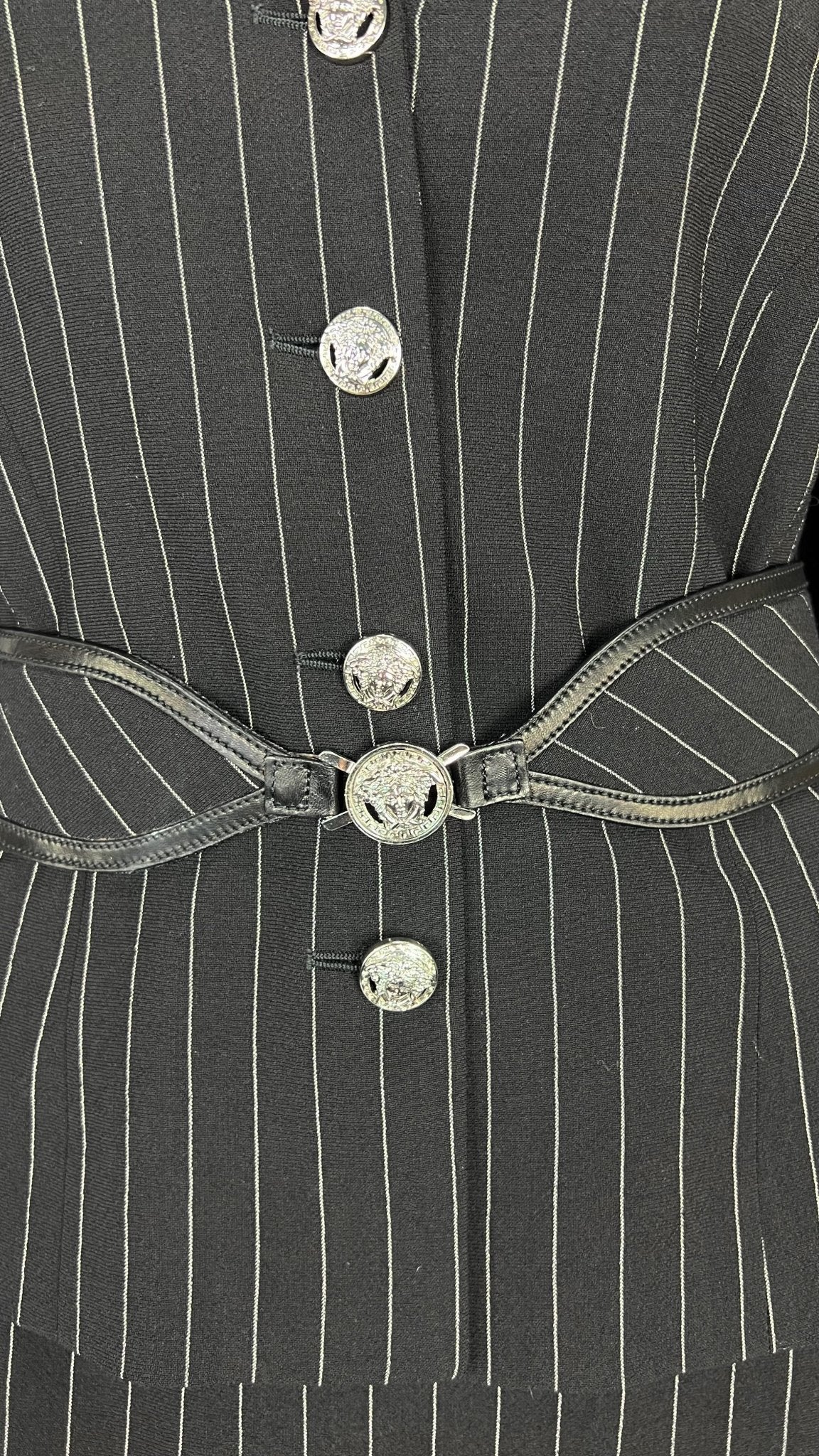 F/W 2004 Versace by Donatella Black Wool Blend Pinstripe Medusa Belted Suit - RealList