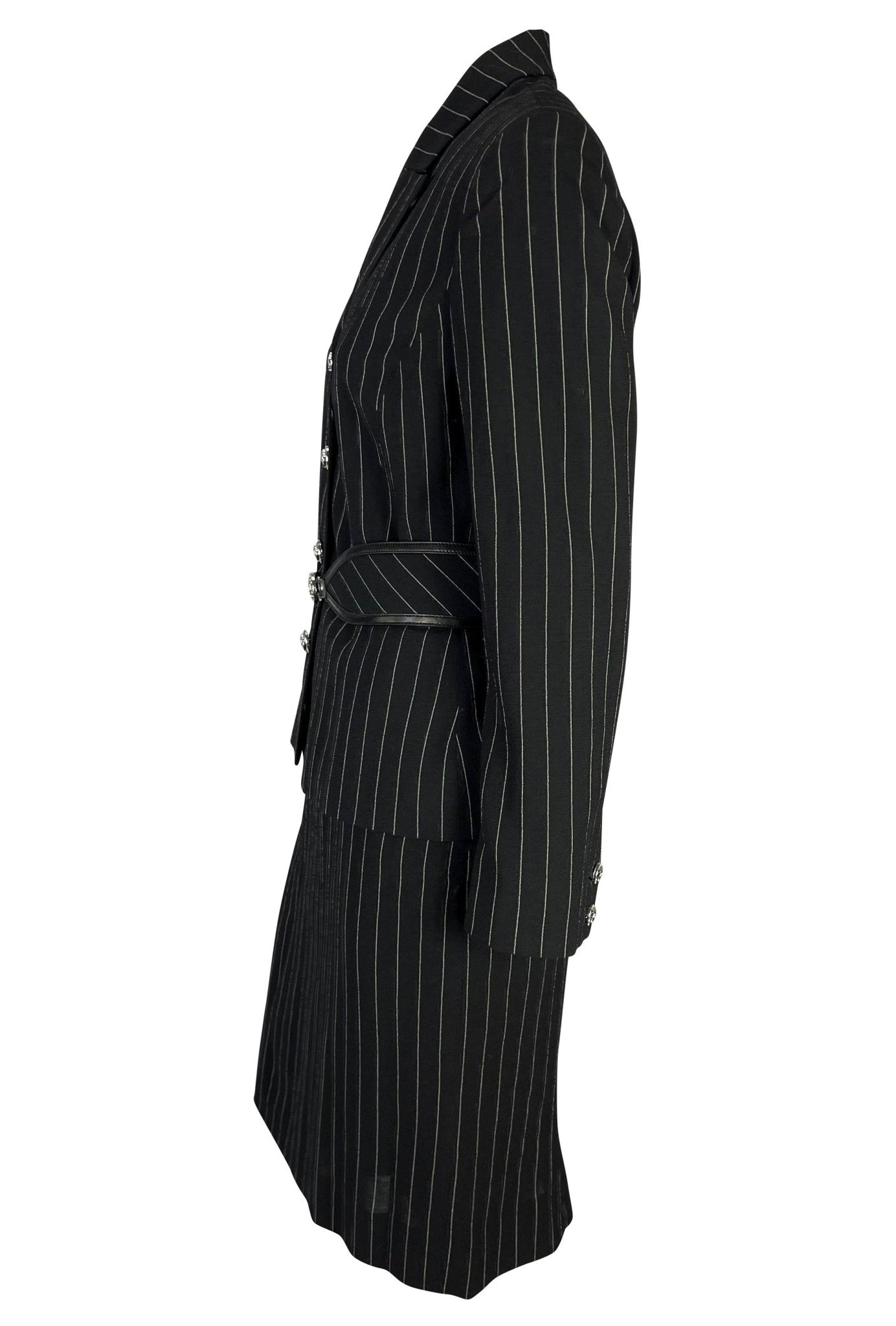 F/W 2004 Versace by Donatella Black Wool Blend Pinstripe Medusa Belted Suit - RealList