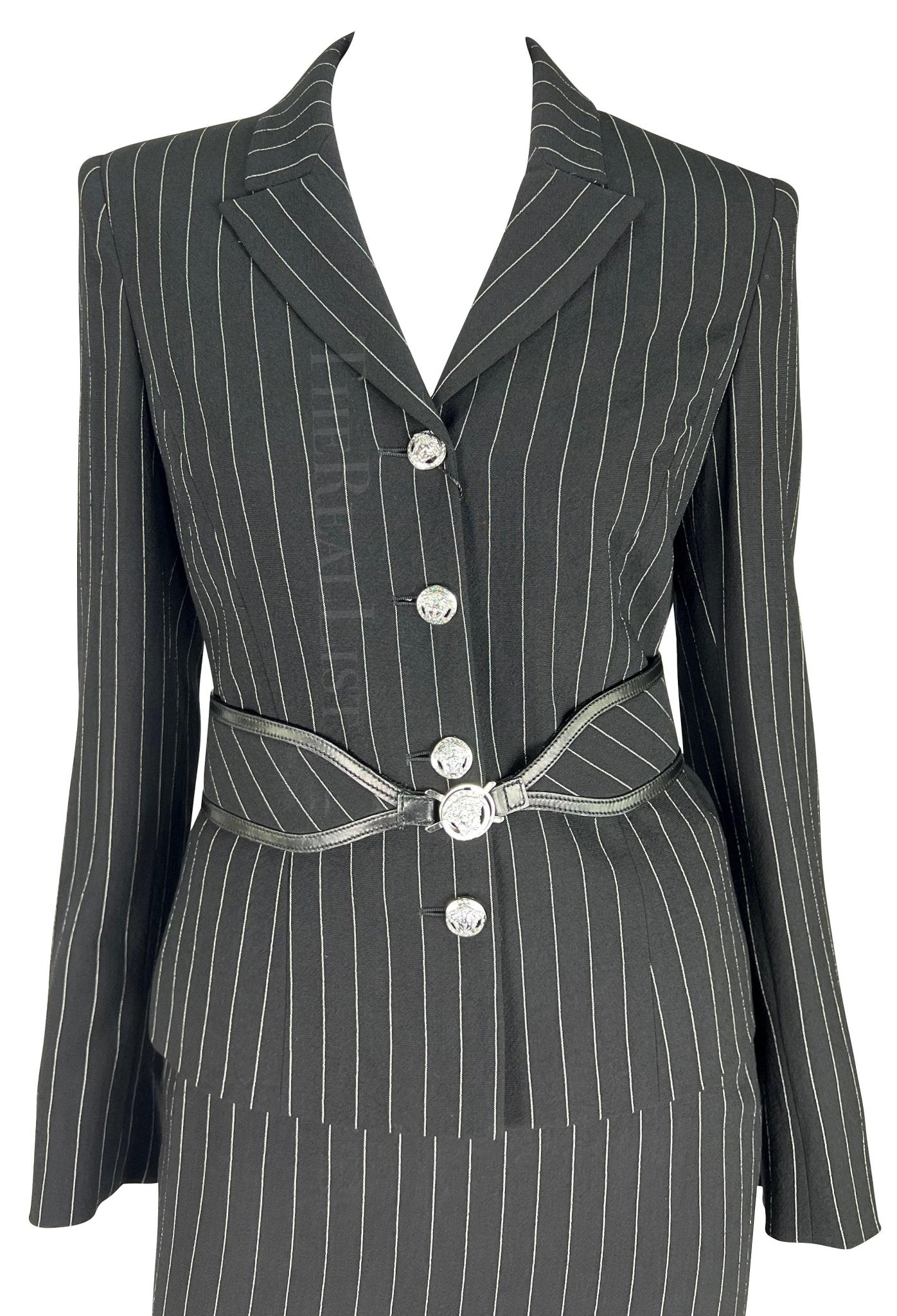 F/W 2004 Versace by Donatella Black Wool Blend Pinstripe Medusa Belted Suit - RealList