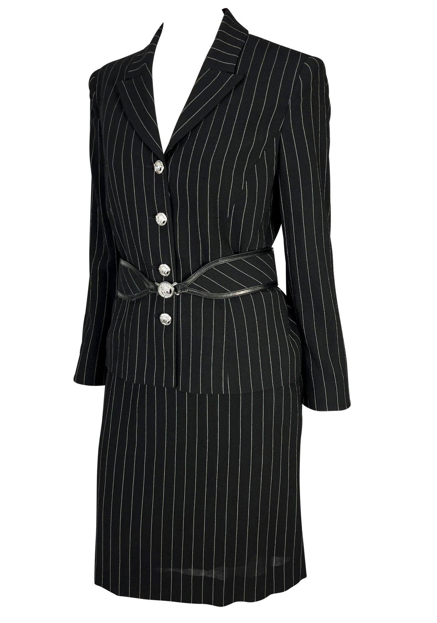 F/W 2004 Versace by Donatella Black Wool Blend Pinstripe Medusa Belted Suit - RealList