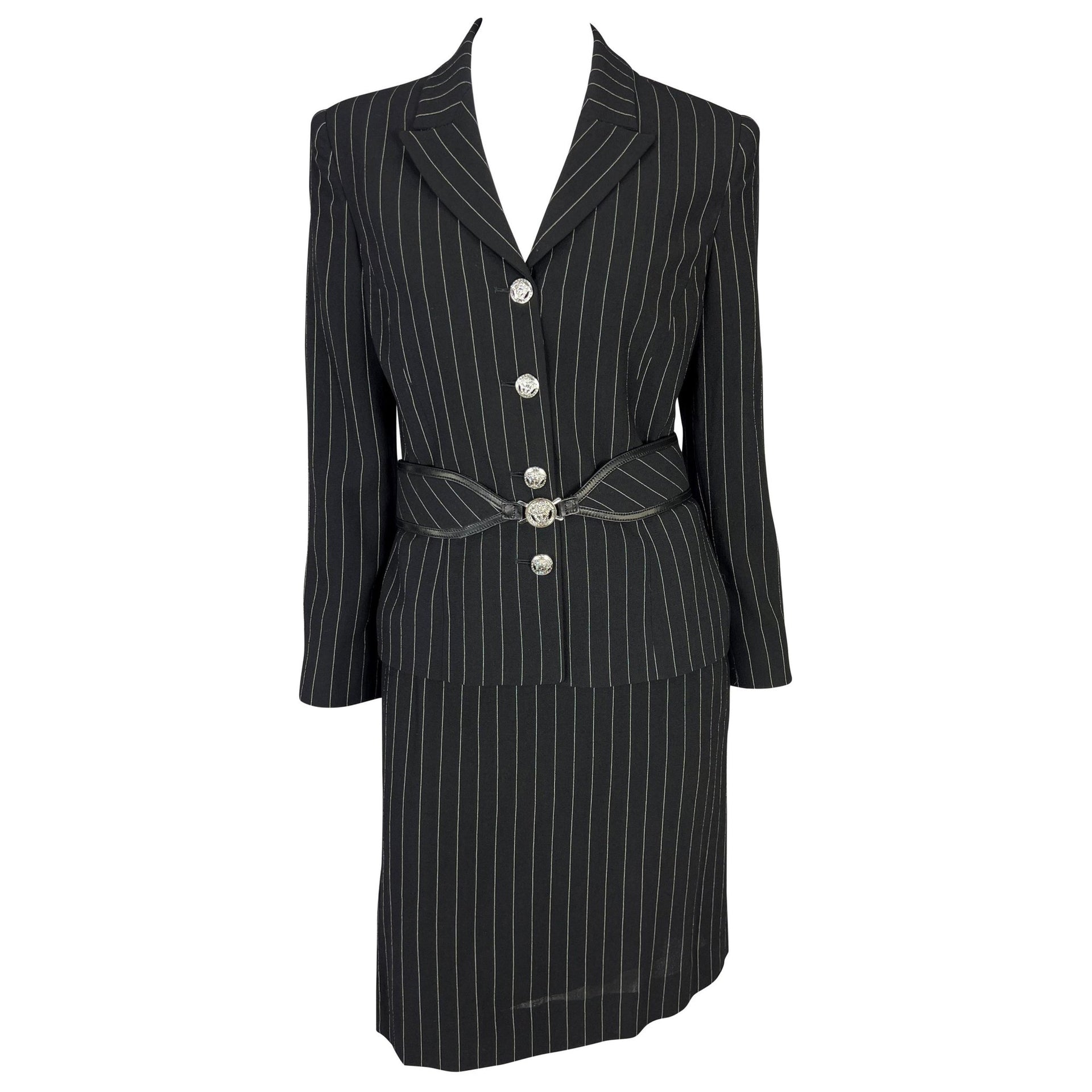 F/W 2004 Versace by Donatella Black Wool Blend Pinstripe Medusa Belted Suit - RealList