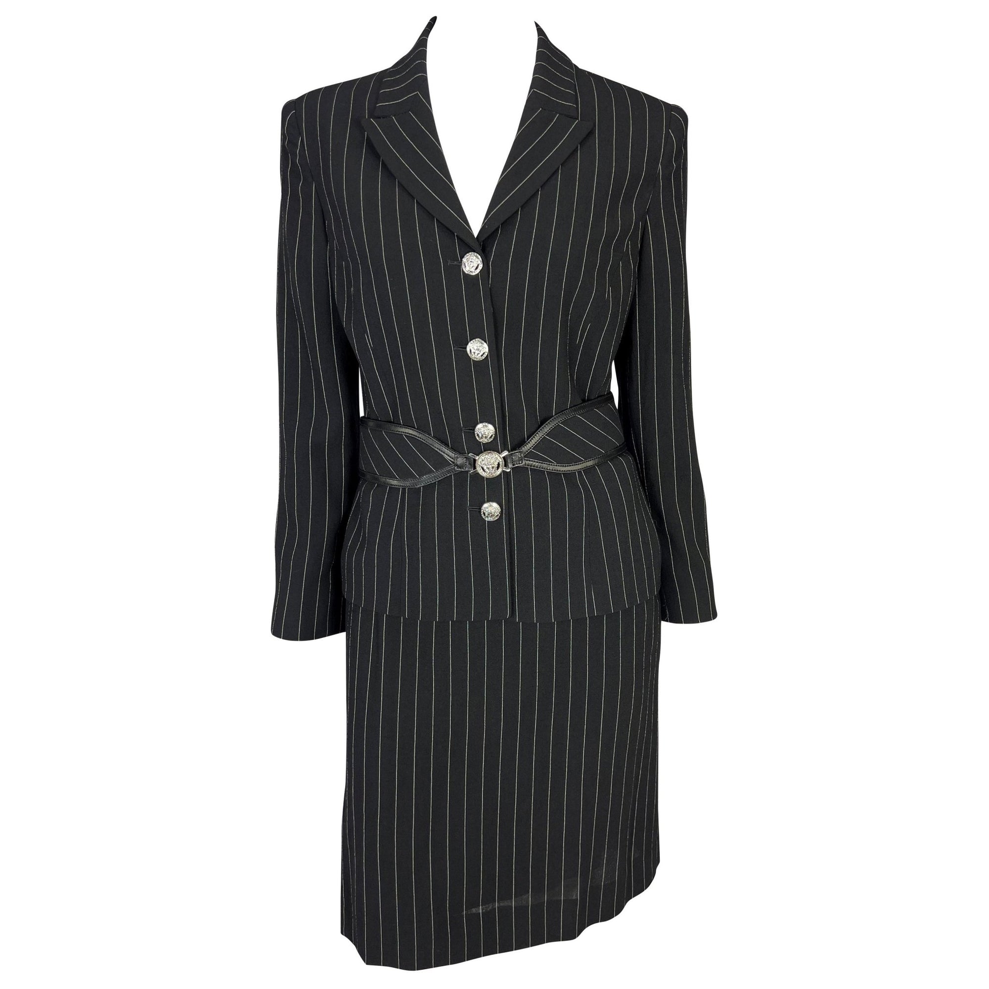 F/W 2004 Versace by Donatella Black Wool Blend Pinstripe Medusa Belted Suit - RealList