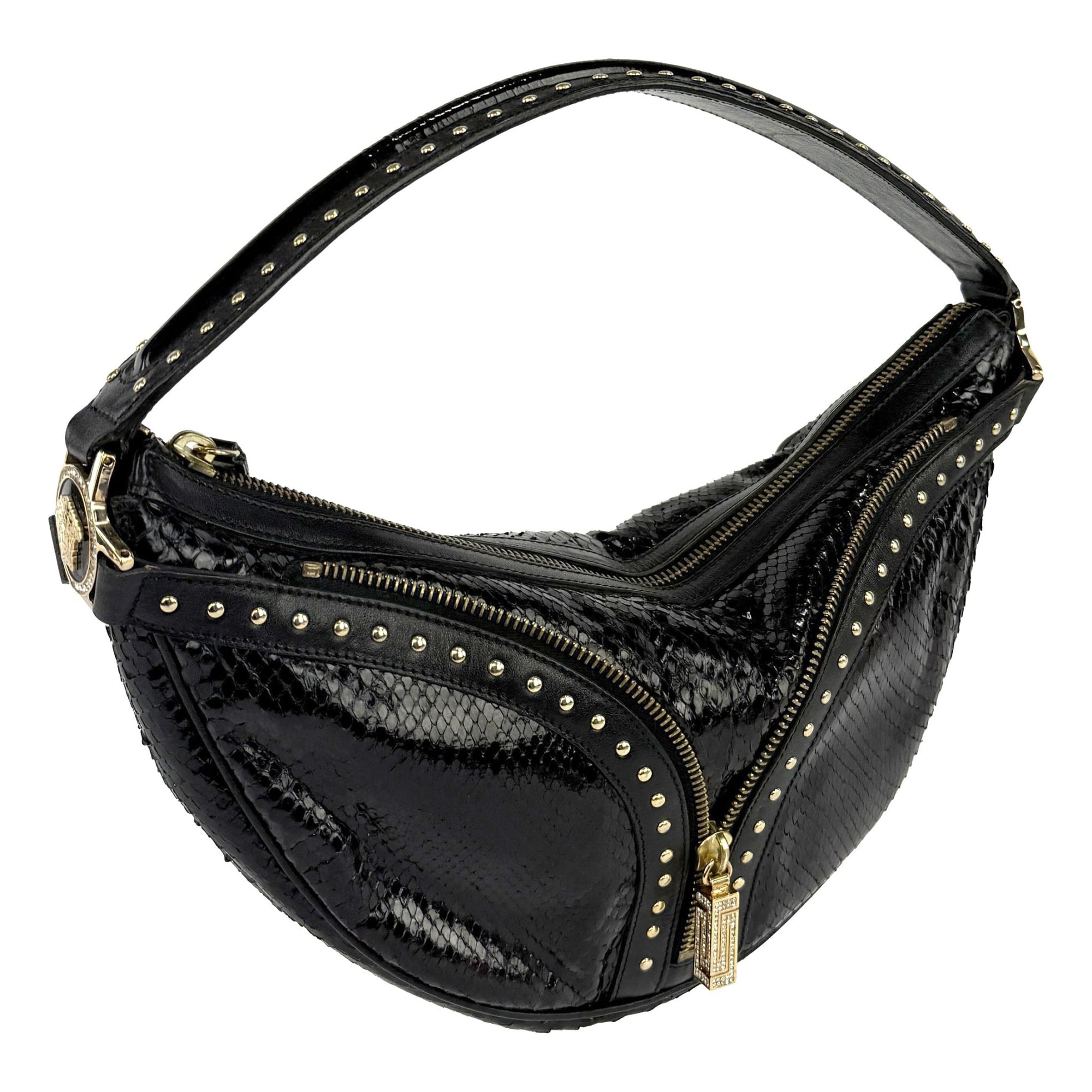 F/W 2004 Versace by Donatella Genuine Snakeskin Gold Zip Small Shoulder Bag - RealList