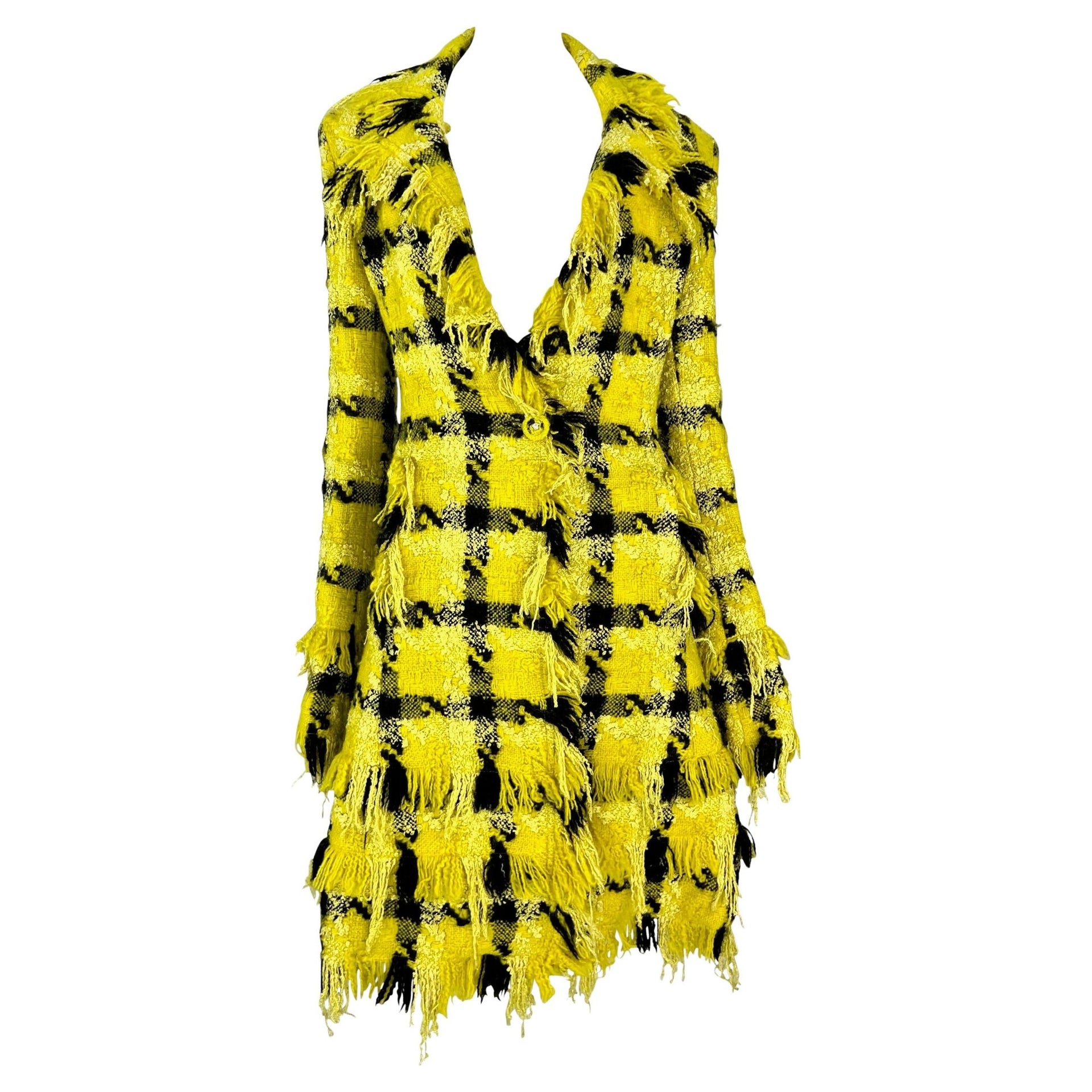 F/W 2004 Versace by Donatella Runway Ad Yellow Black Check Distressed Tweed Coat - RealList