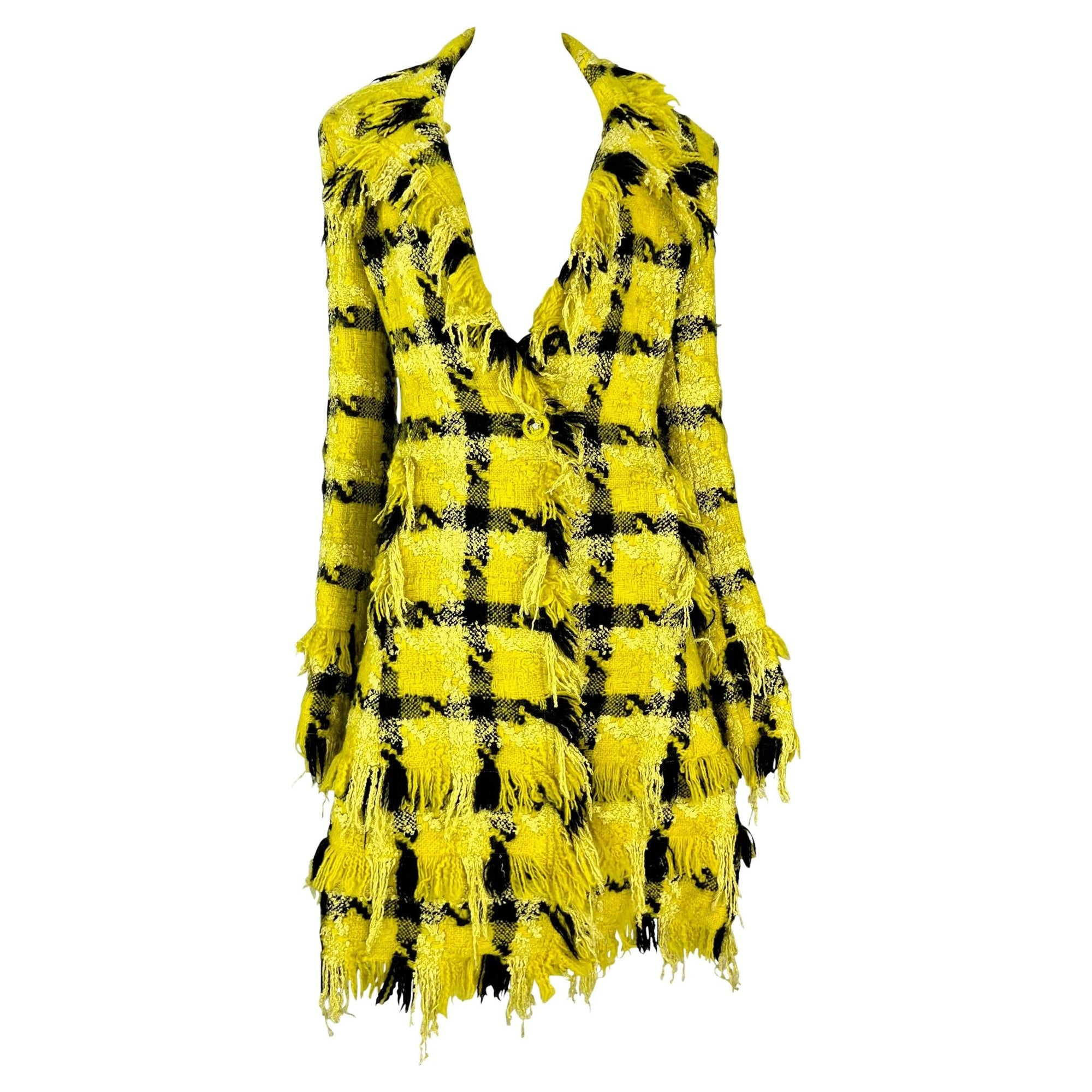 F/W 2004 Versace by Donatella Runway Ad Yellow Black Check Distressed Tweed Coat - RealList