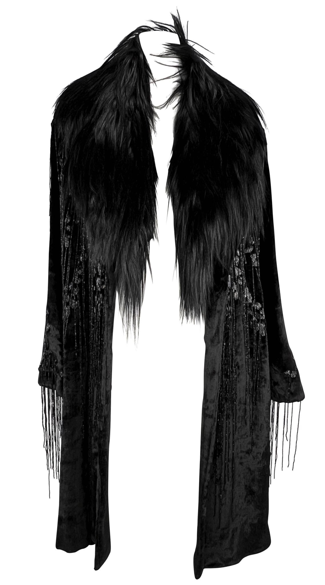 F/W 2004 Versace by Donatella Runway Heavily Beaded Fringe Fur Trim Velvet Coat - RealList