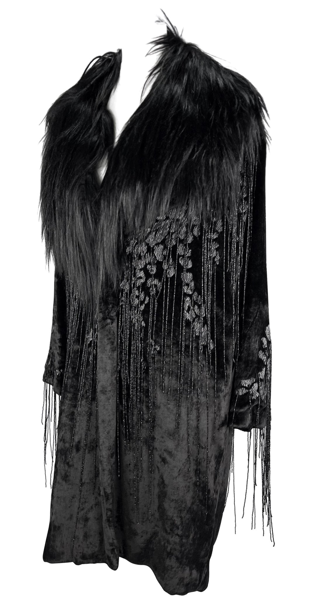 F/W 2004 Versace by Donatella Runway Heavily Beaded Fringe Fur Trim Velvet Coat - RealList
